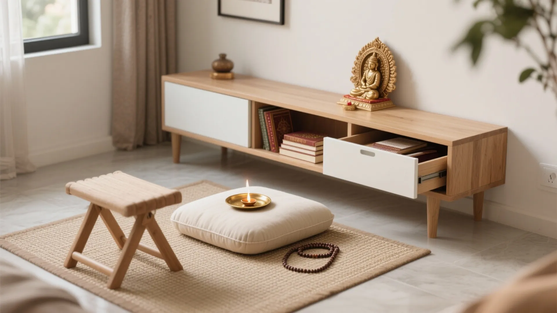 Small wooden cabinet with a gold statue floor mat sitting cushion and small folding stool