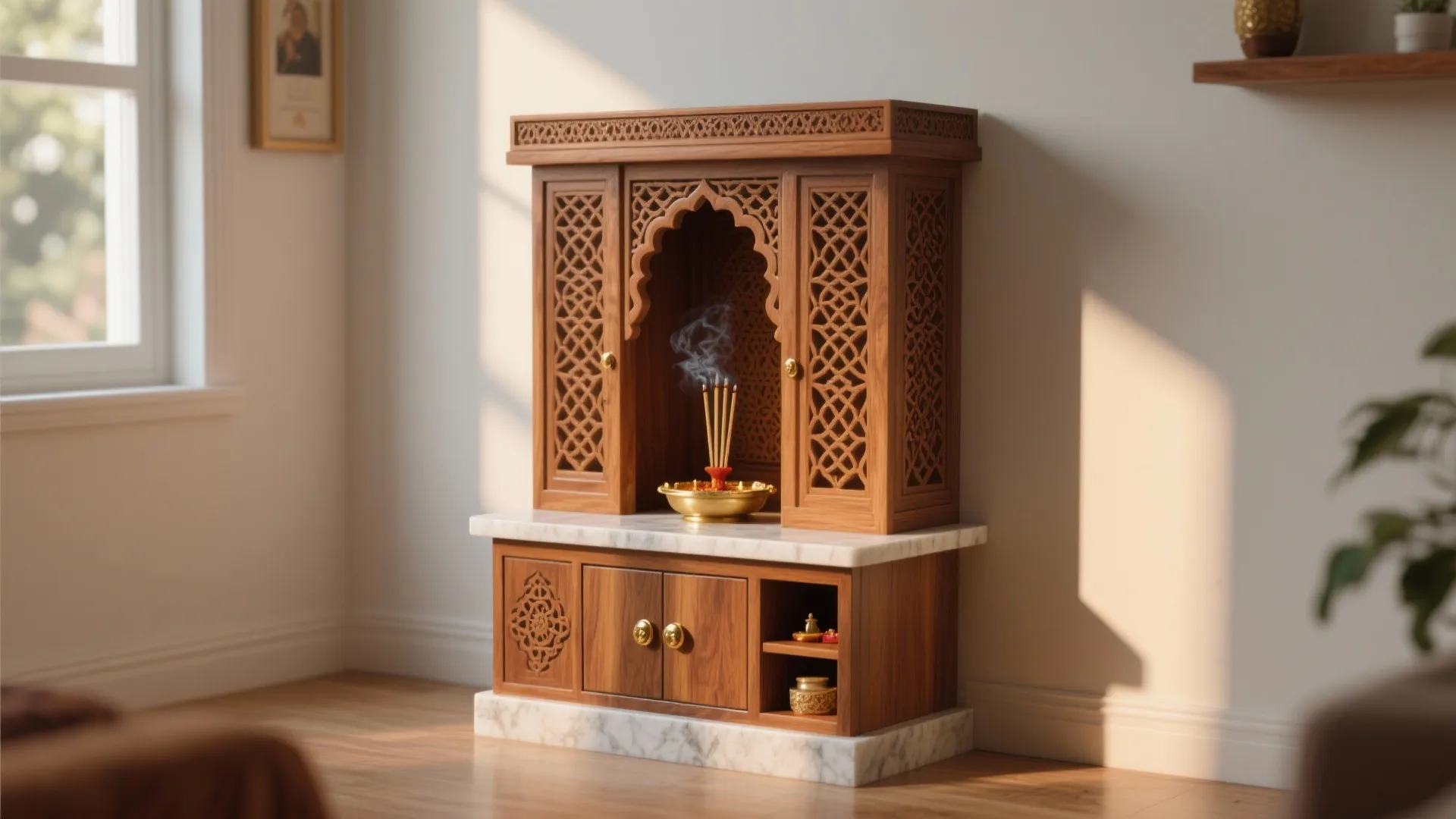 Traditional wooden prayer cabinet with carved patterns marble base and incense sticks in bright room