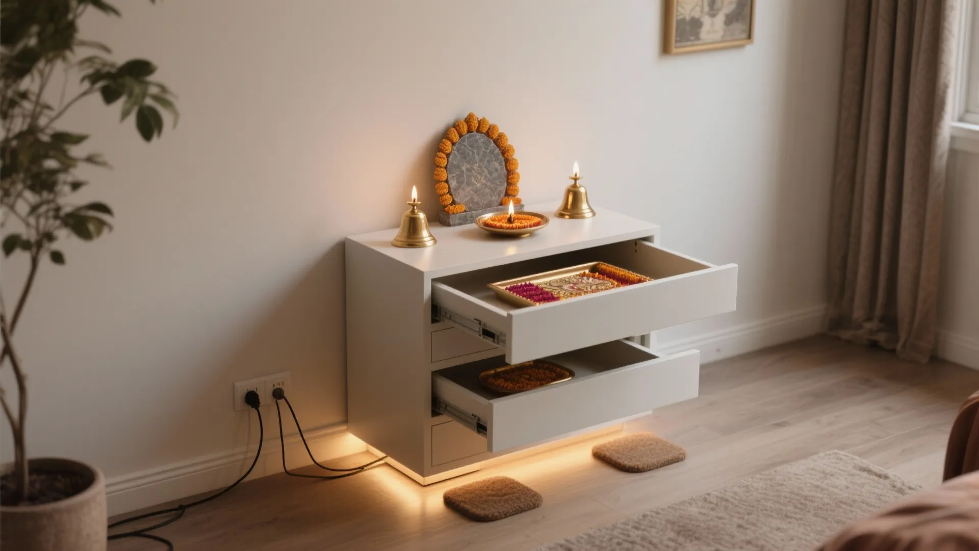 White floor cabinet with open drawers holding golden trays placed under warm light in bright room