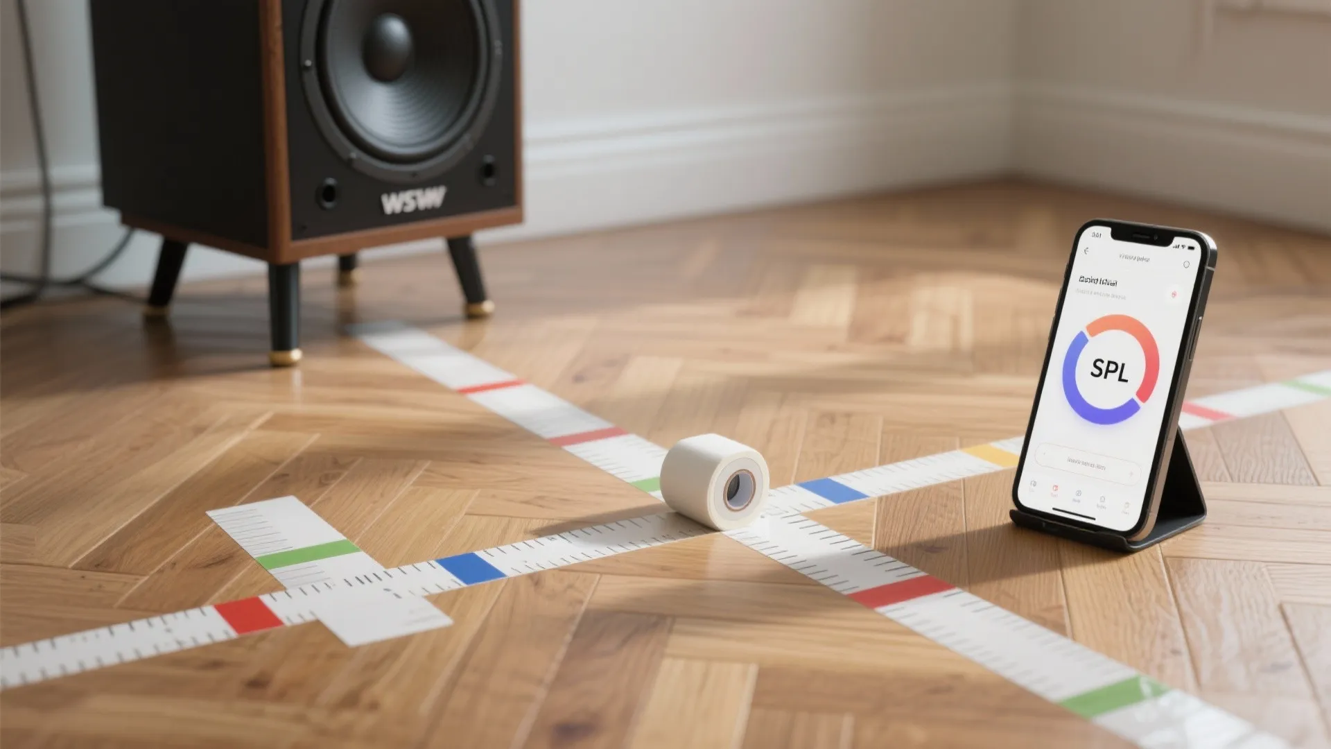 Smartphone displaying audio app next to measuring tape on floor with speaker in the background