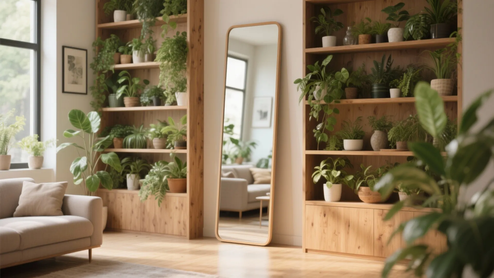 10. Floor Mirror Framed by Built-in Shelves