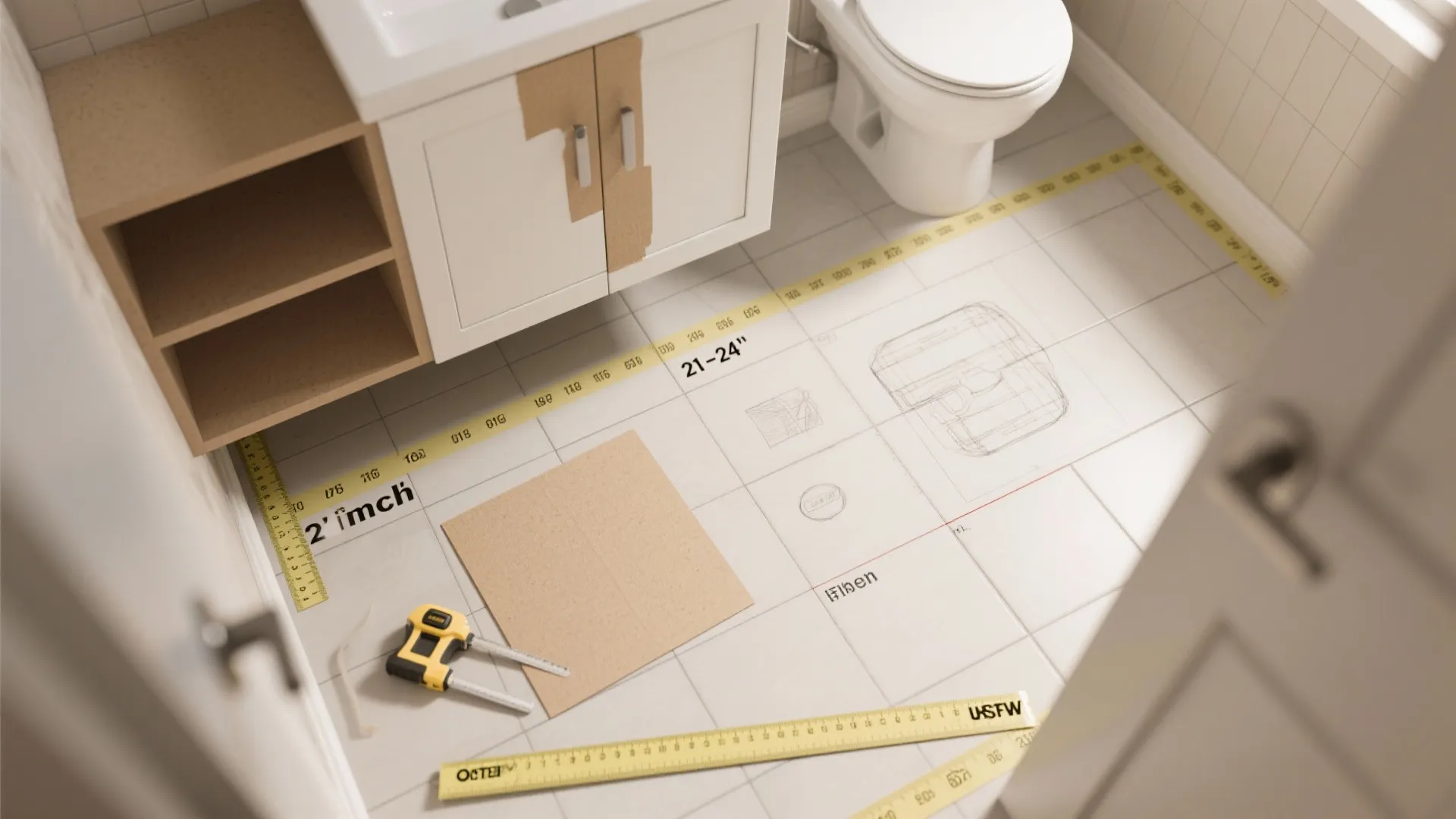 Bathroom floor layout planning with measuring tape cardboard and tools for a new renovation project