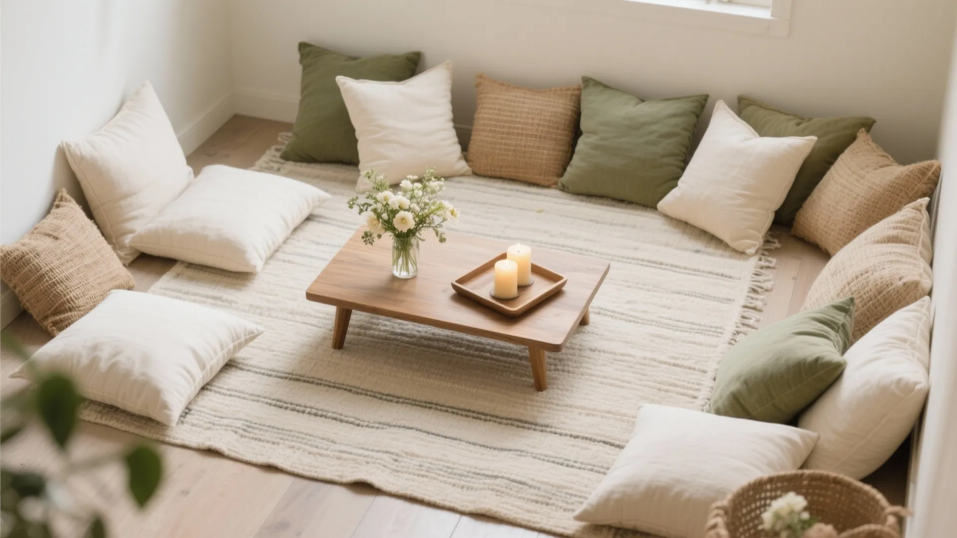 Cozy Floor-Seating Nook with Cushions and a Low Table