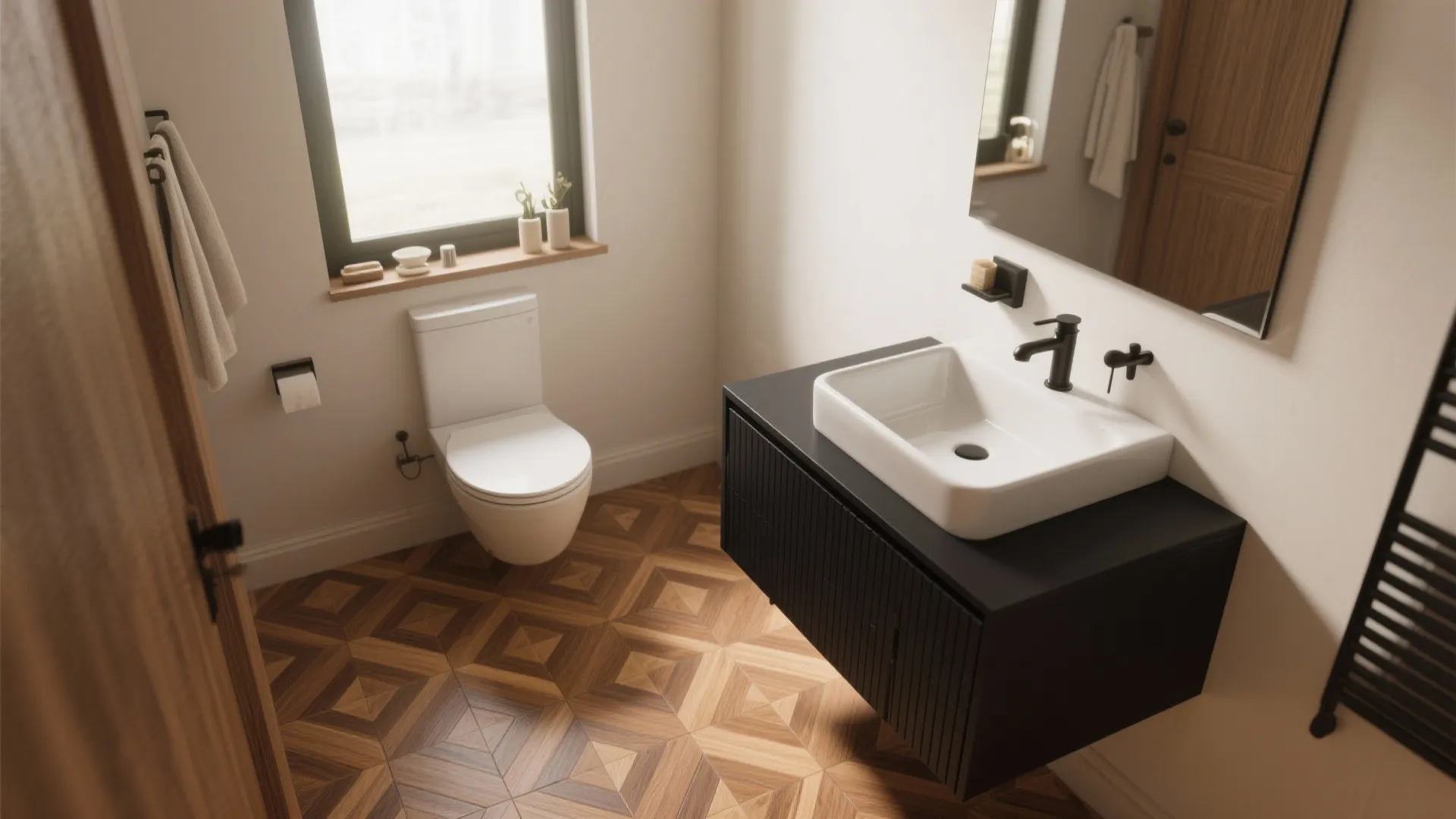Small bathroom design featuring a white toilet black cabinet white sink and patterned wood floor