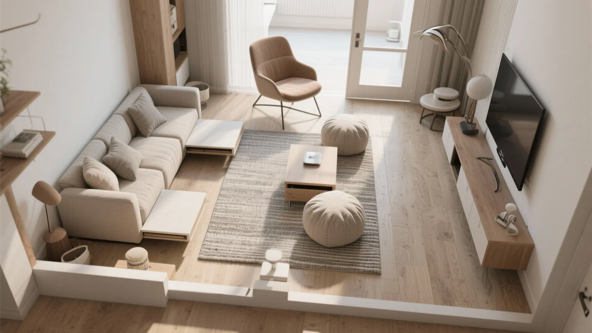 Top-down view of a small living room layout highlighting modular seating and a clear traffic line.
