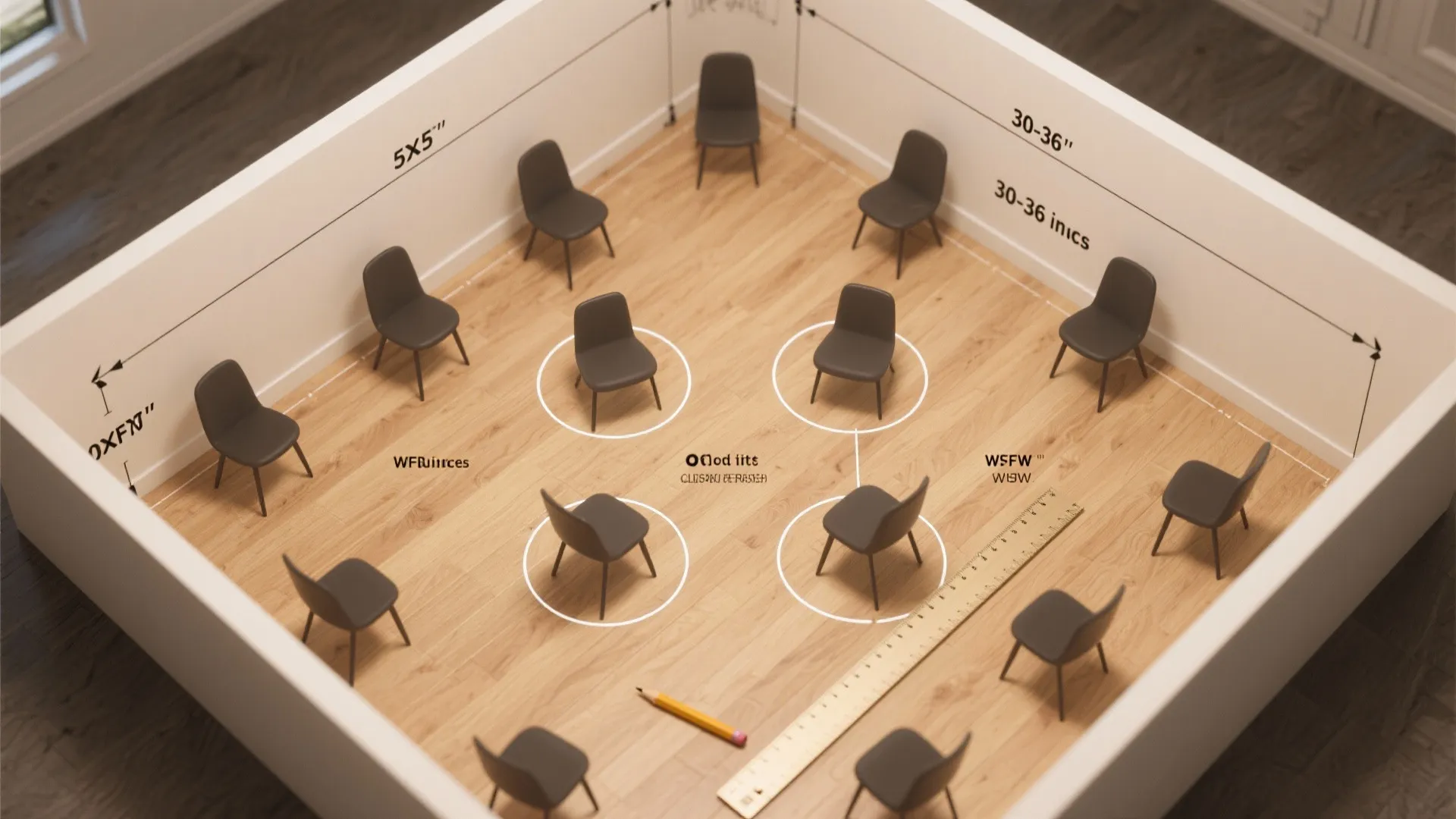 Top-down taped 5x5 floor plan showing seating positions and clearance measurements for a small dining layout.