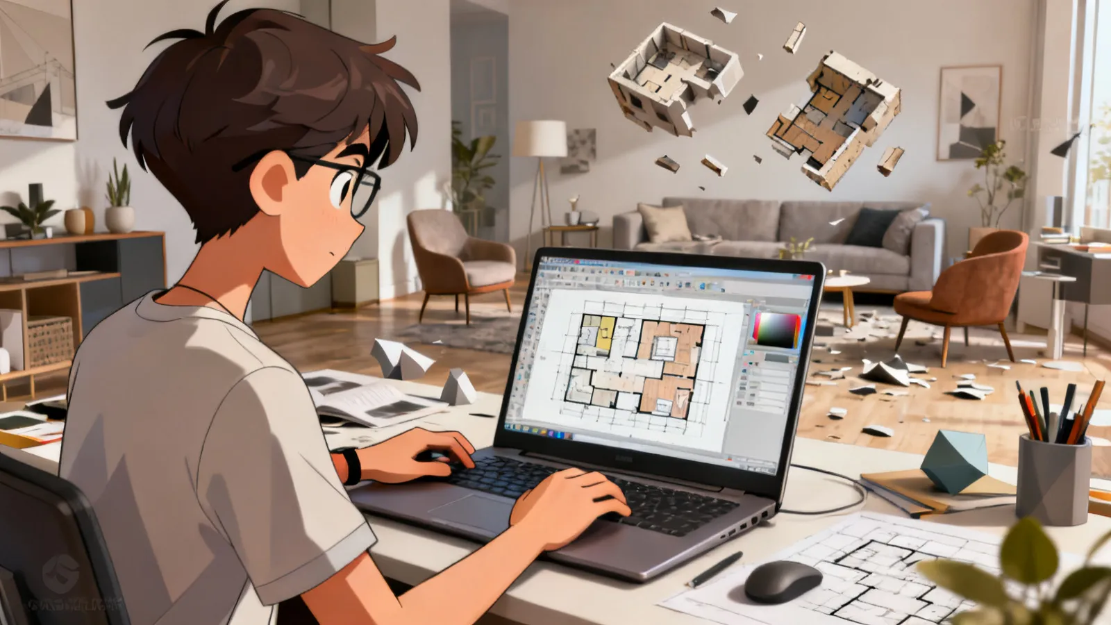 designer creating room layout using a digital floor planning tool