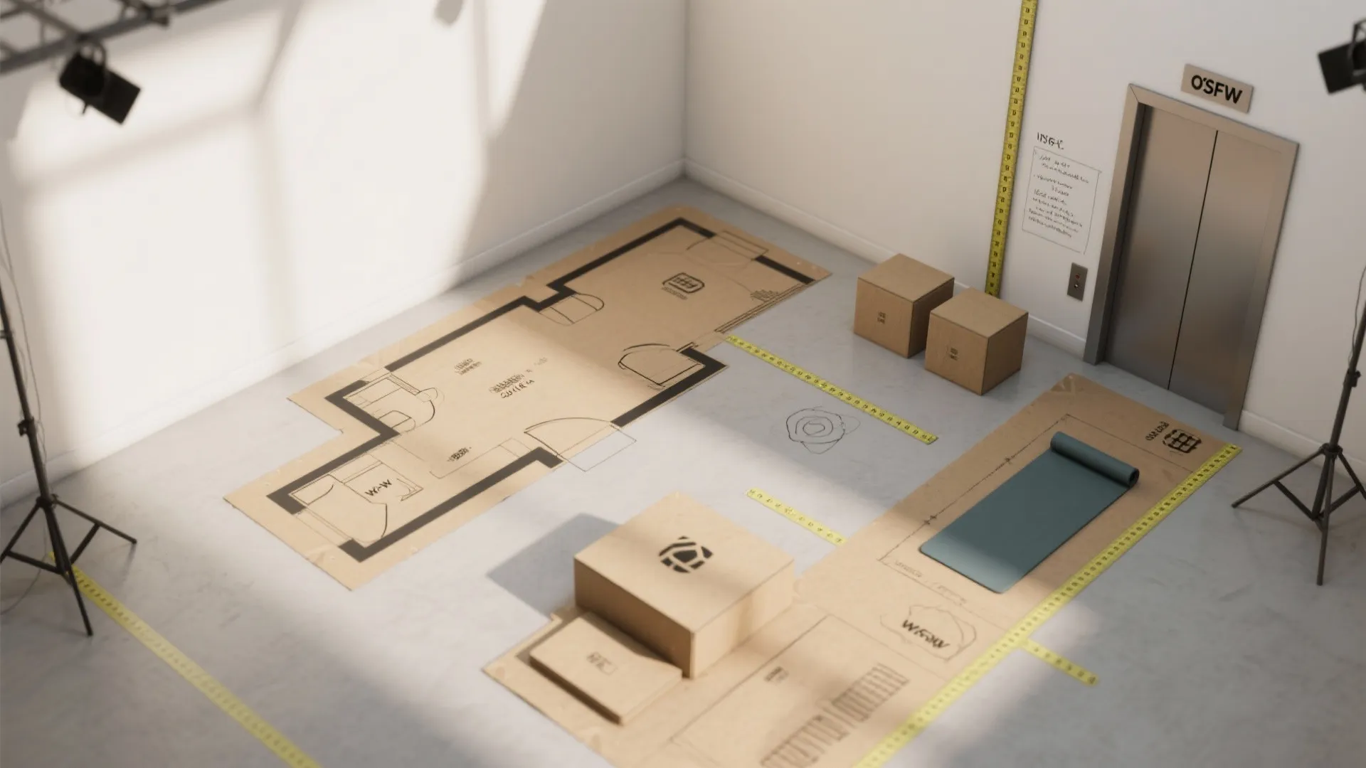 Cardboard floor plan layout on the floor with yellow measuring tape and brown cardboard storage boxes