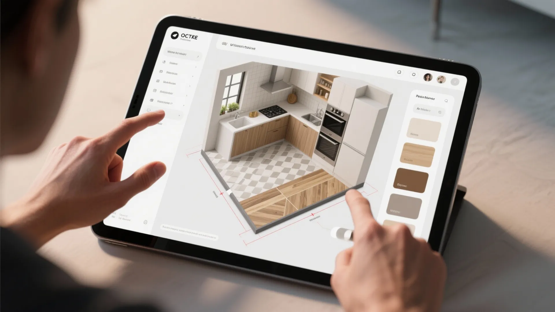 Person using tablet to design a small kitchen with white cabinets and wood floor layout