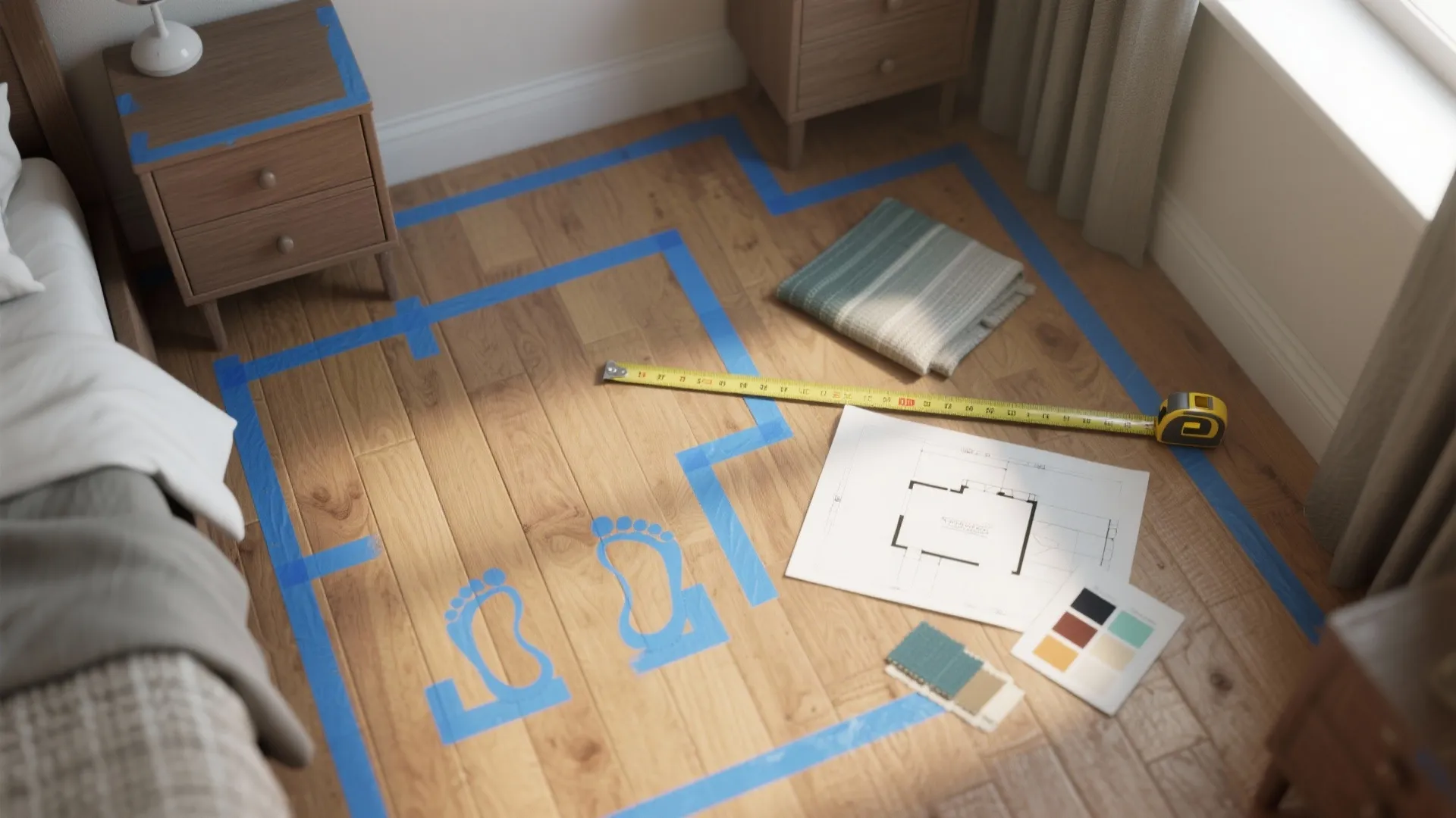 Blue tape on wooden floor outlining a room layout with measuring tape and interior design drawings