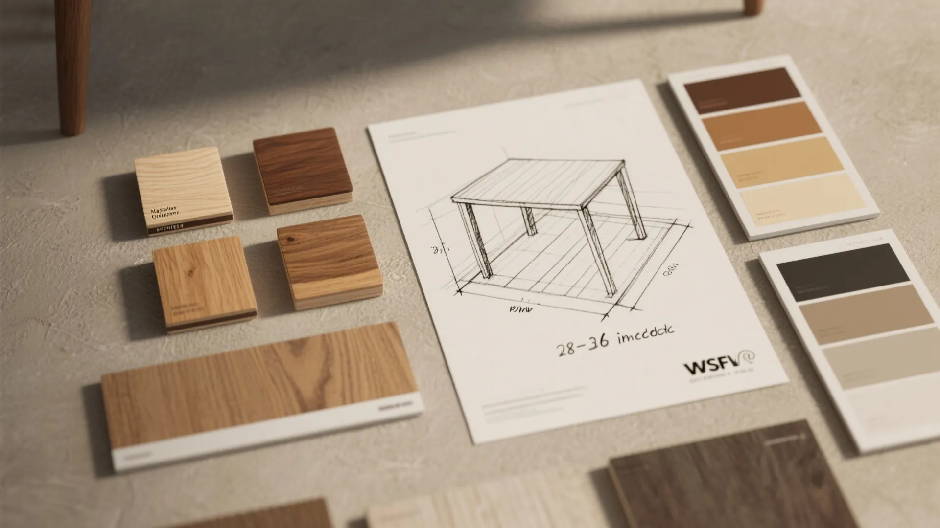 Hand drawn furniture sketch surrounded by wood samples and color swatches on a neutral floor