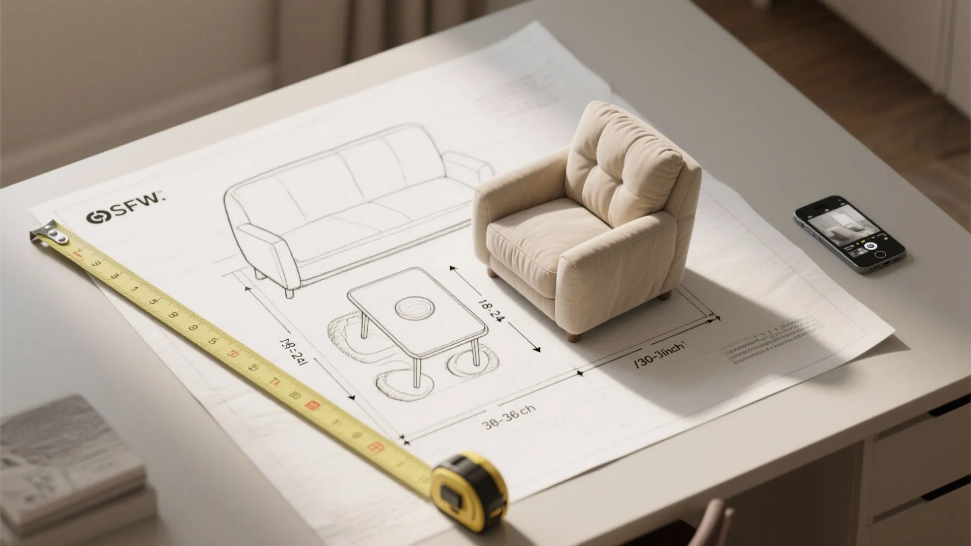 Furniture floor plan on desk with a small beige armchair model and yellow tape measure