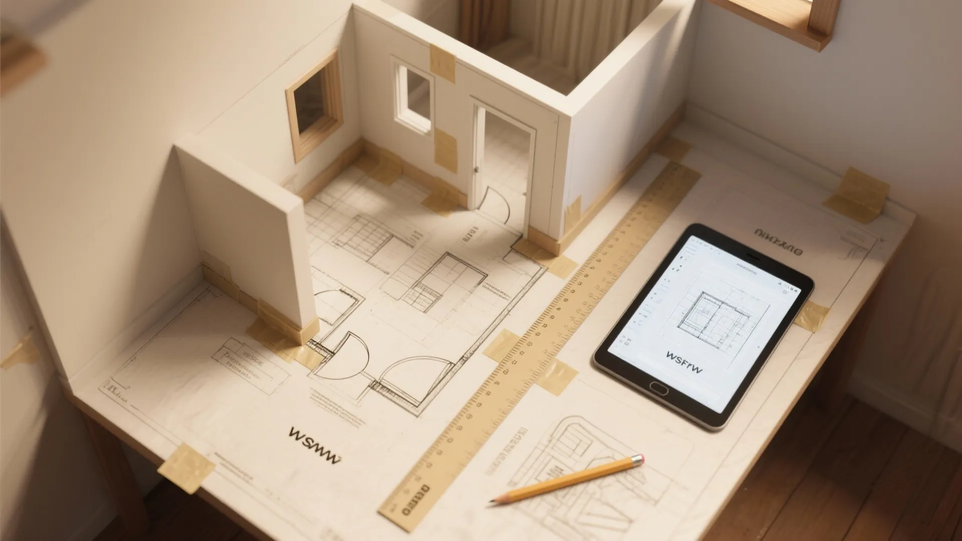 Physical house model on top of floor plan drawing with tablet and ruler and pencil
