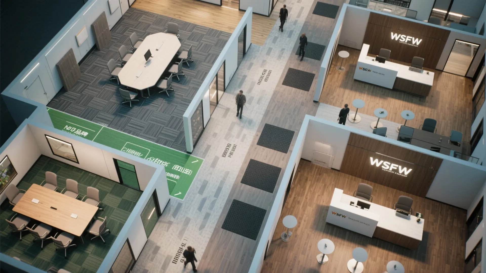 Top-down office layout illustrating recommended flooring zones for different uses.