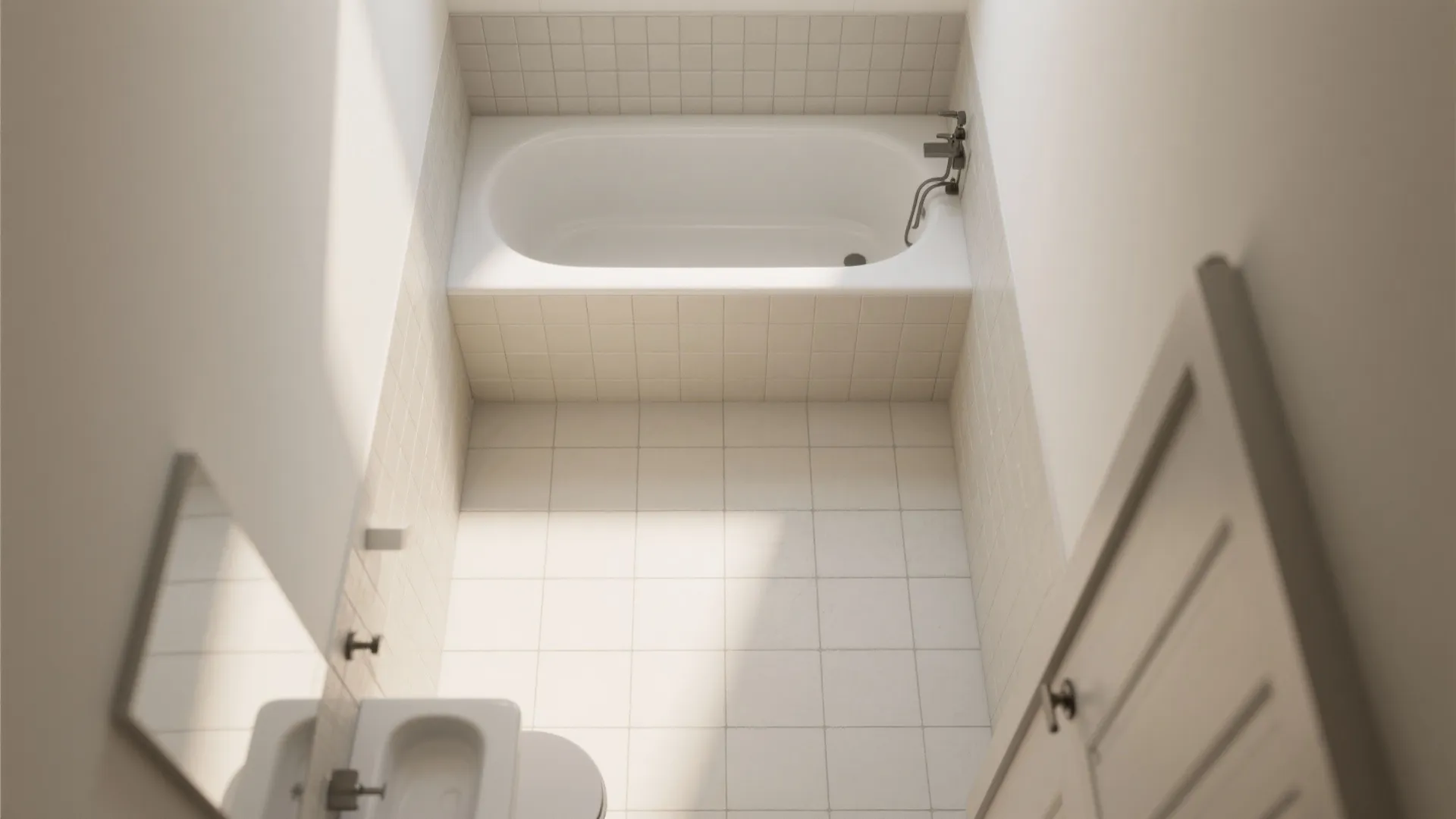 Continuous flooring and a low-profile tub with curved corners
