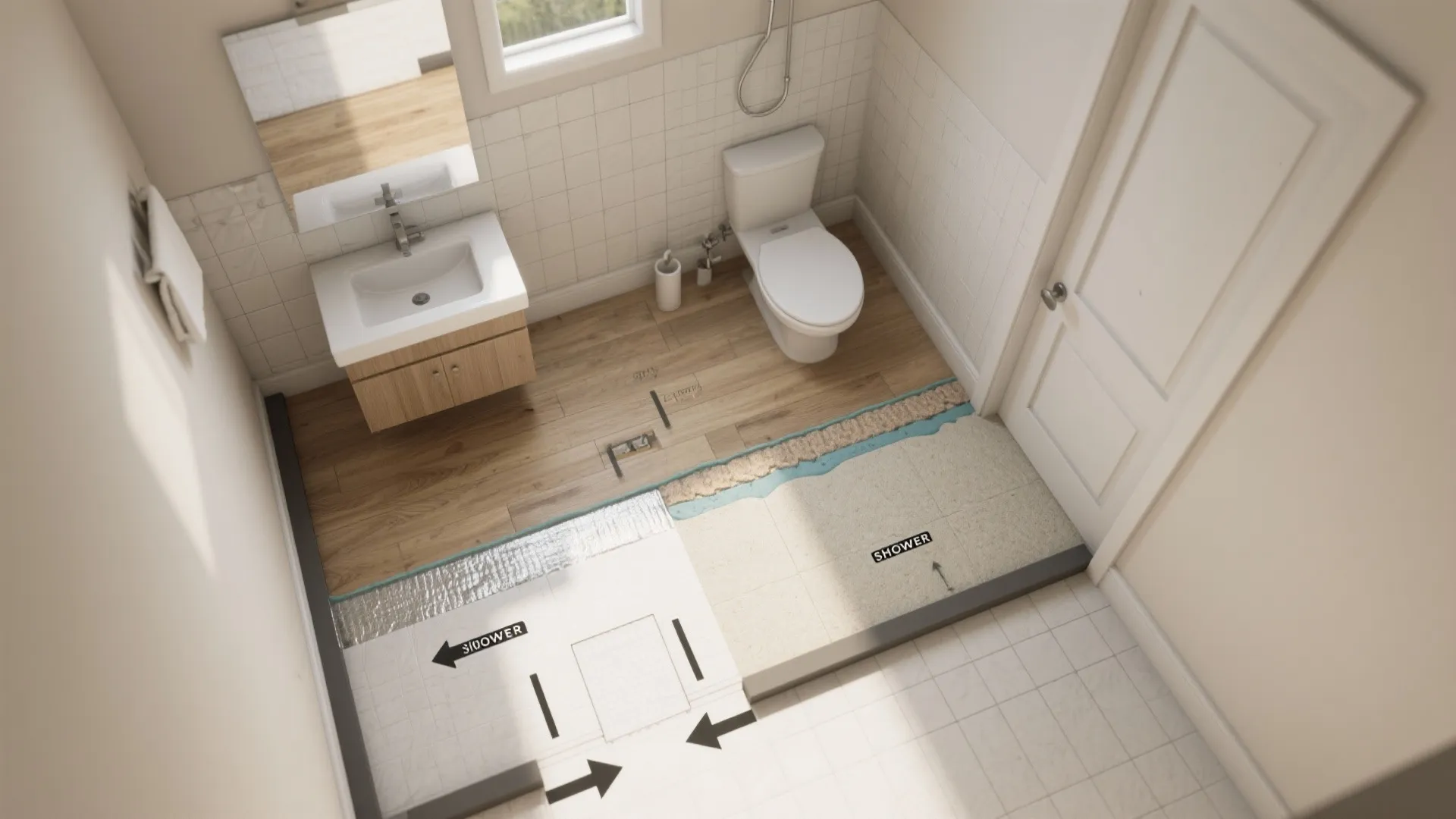 Top down interior design drawing of bathroom showing toilet sink wood floor and shower layout