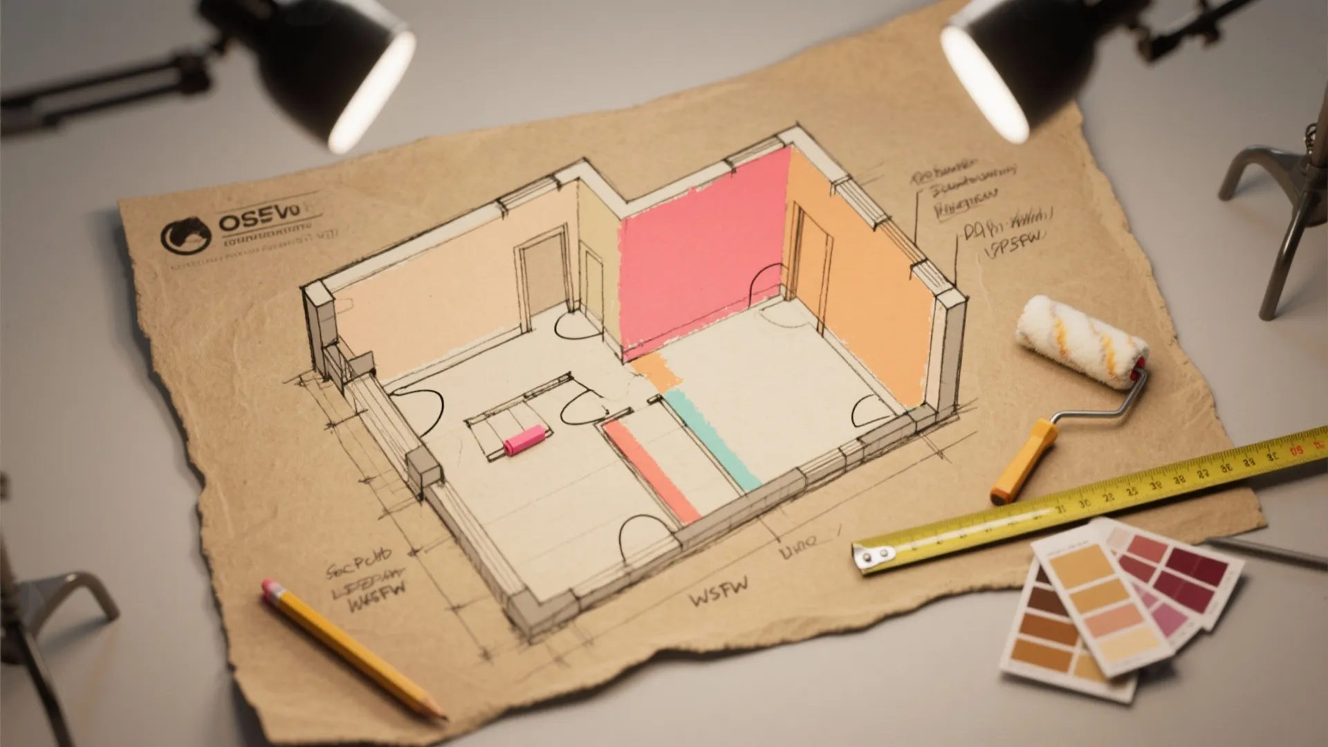 Hand drawn house floor plan sketch with colorful wall sections and paint roller on paper