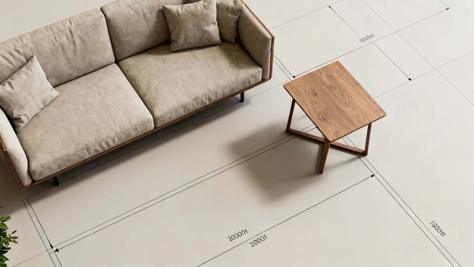 Top-down 3D floor planner view showing sofa and end table placement