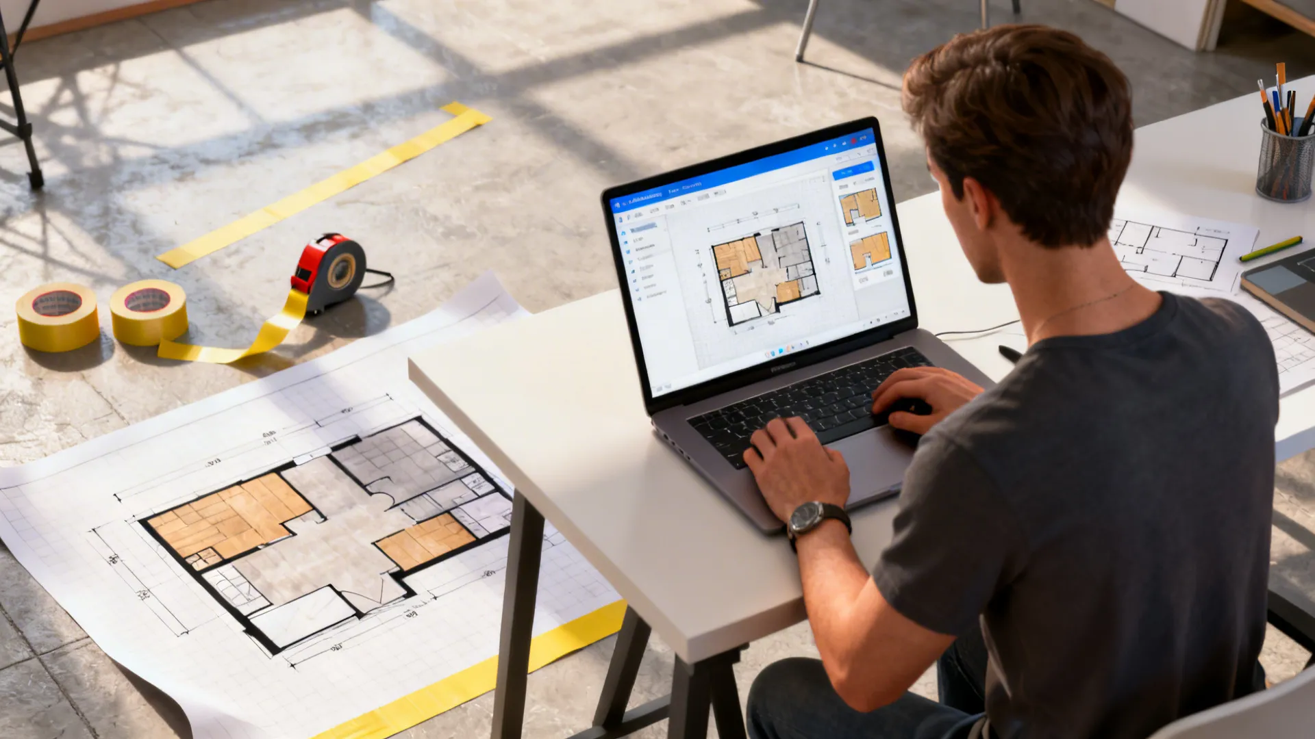 Designer using an online floor planner with tape mock-up to test sectional placements
