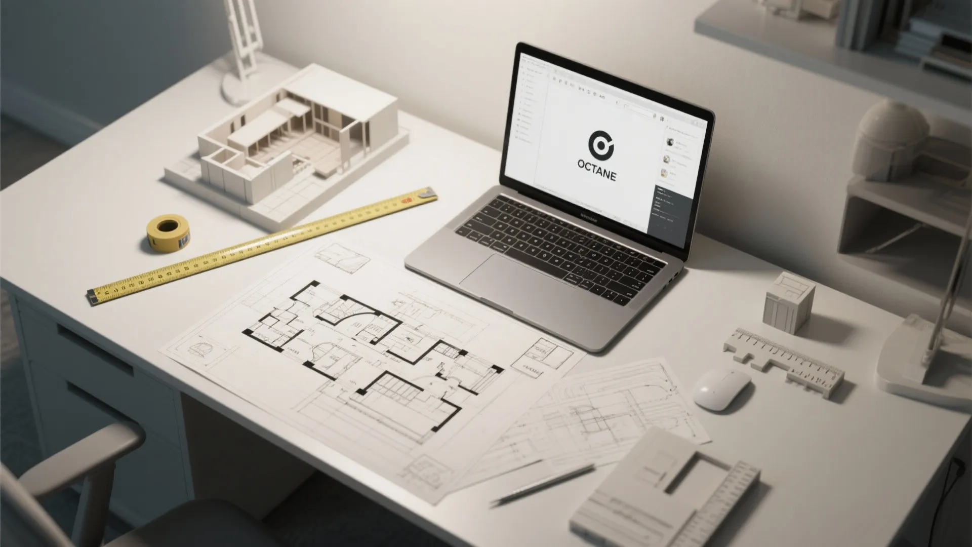 Laptop on white desk displaying software next to printed house floor plans and small model