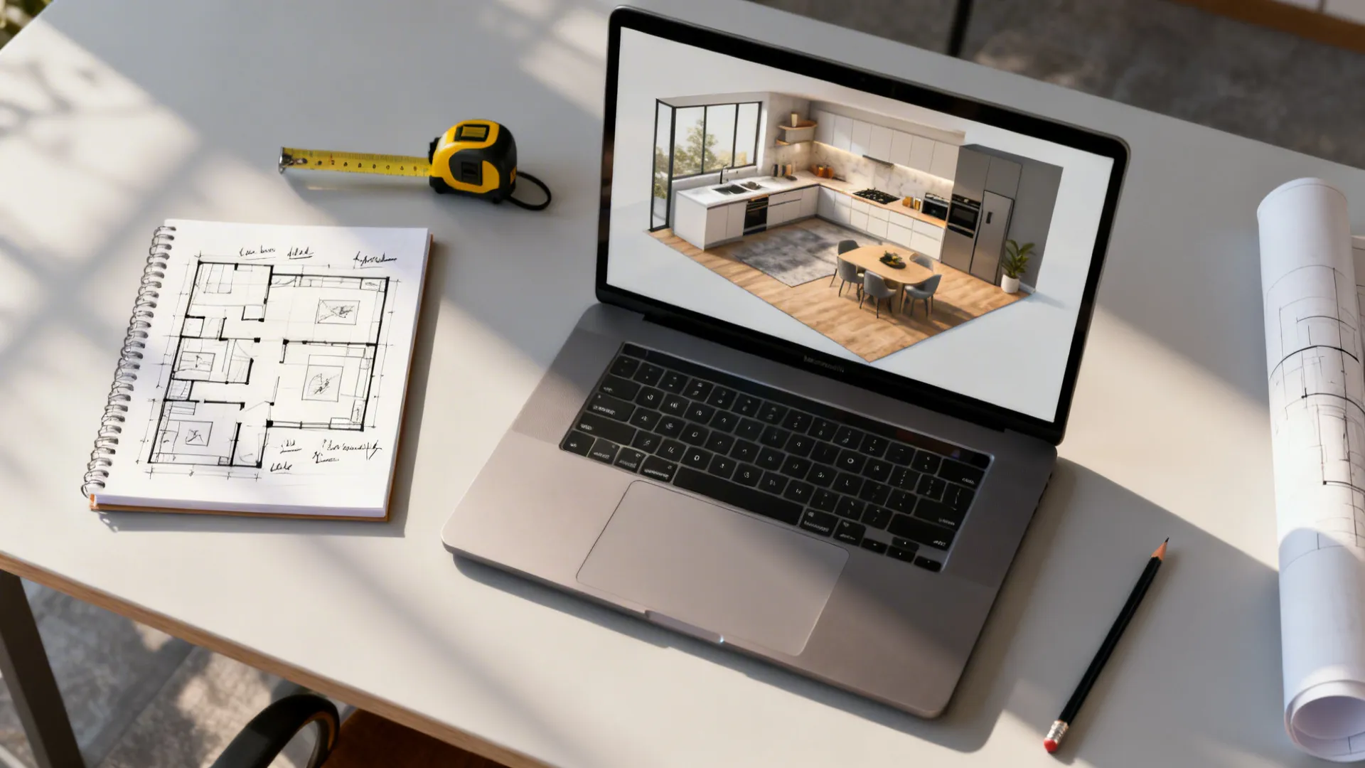 Top-down view of a laptop with a 3D floor planner and sketchbook for zoning ideas.