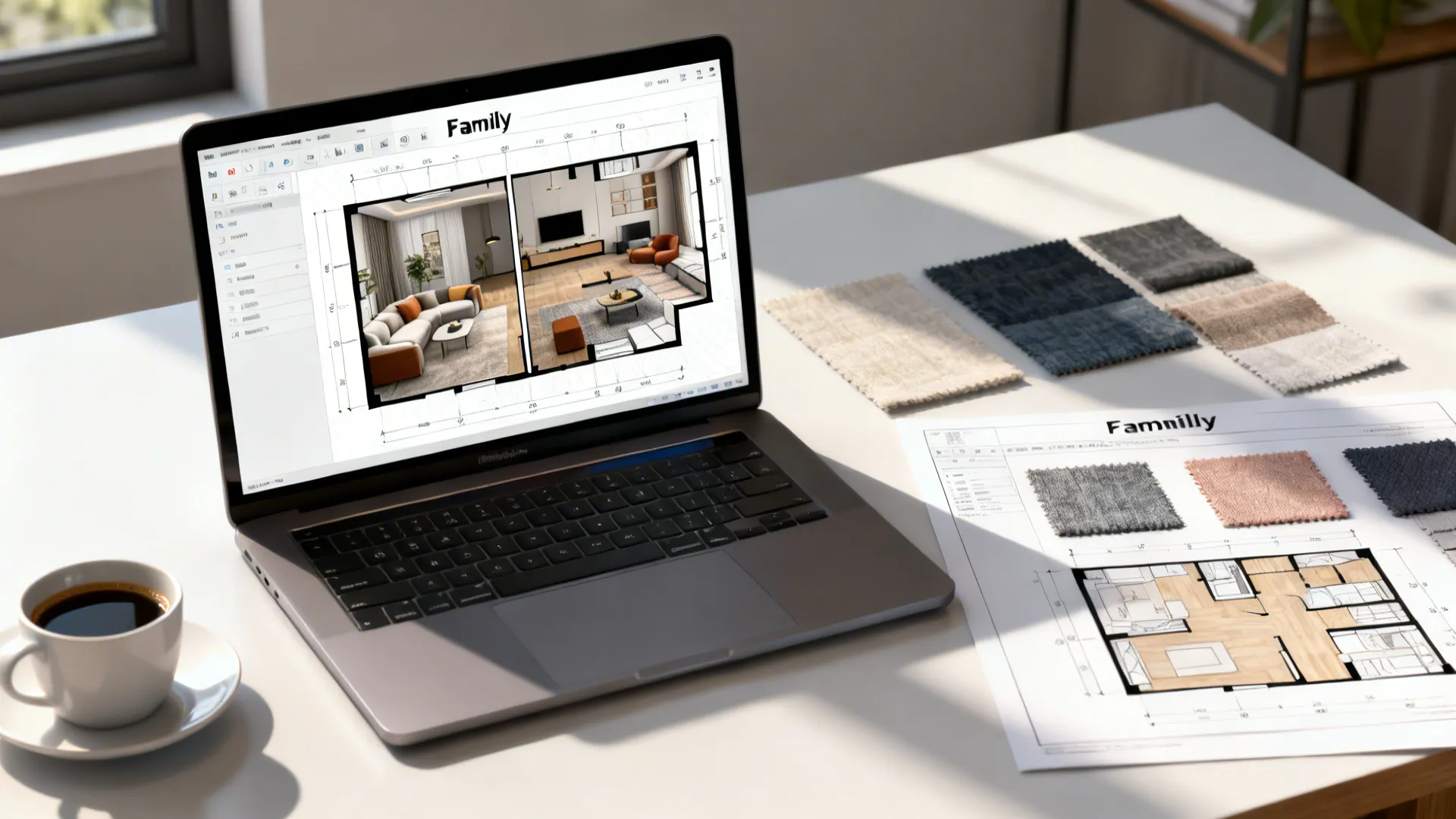 Designer desk with laptop showing a digital floor planner and printed layout options to test living and family room configurations.