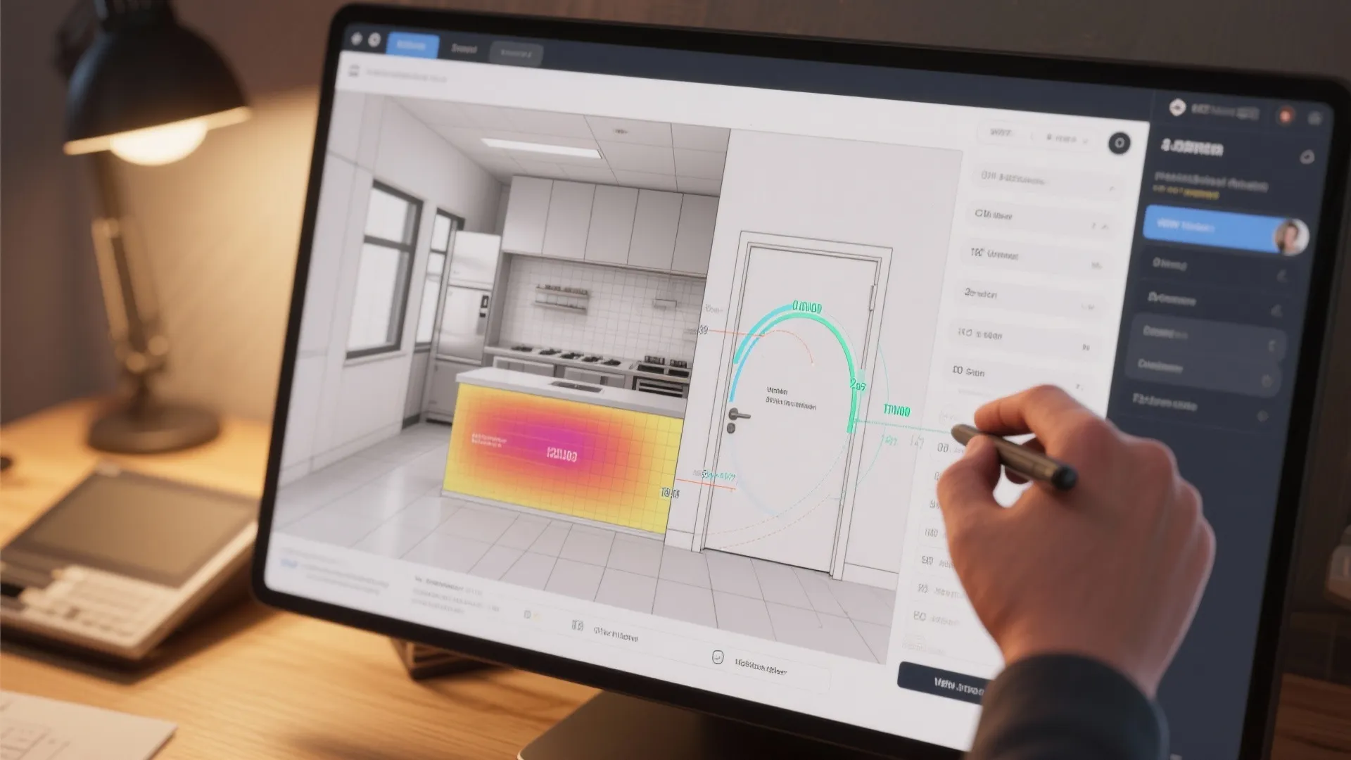 Person using stylus on tablet to edit kitchen interior design layout with door swing measurement arc