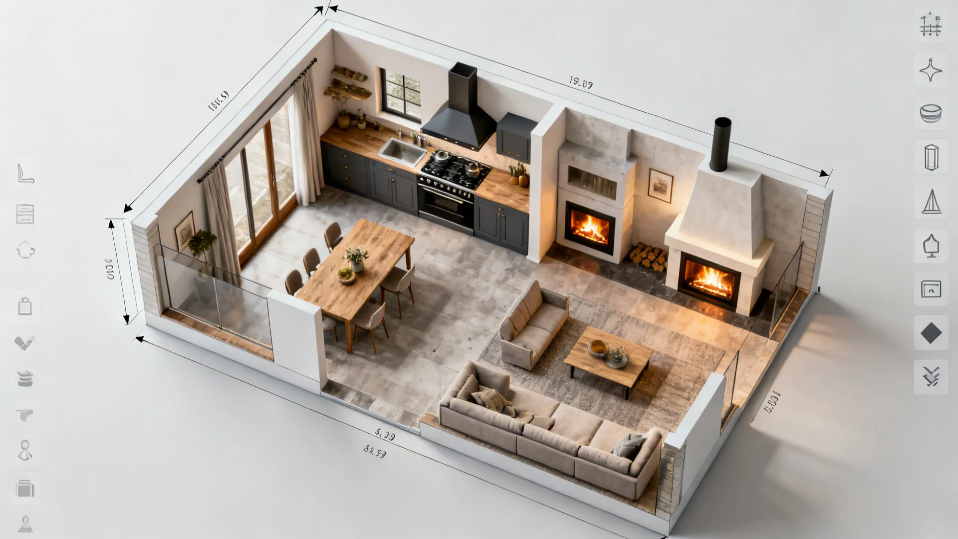 Top-down room planner mock-up showing fireplace placement options and appliance clearances in a small open-plan layout.