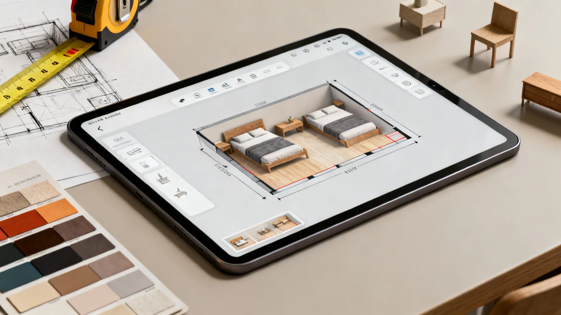 Tablet showing a 3D bedroom layout design with two beds next to a tape measure