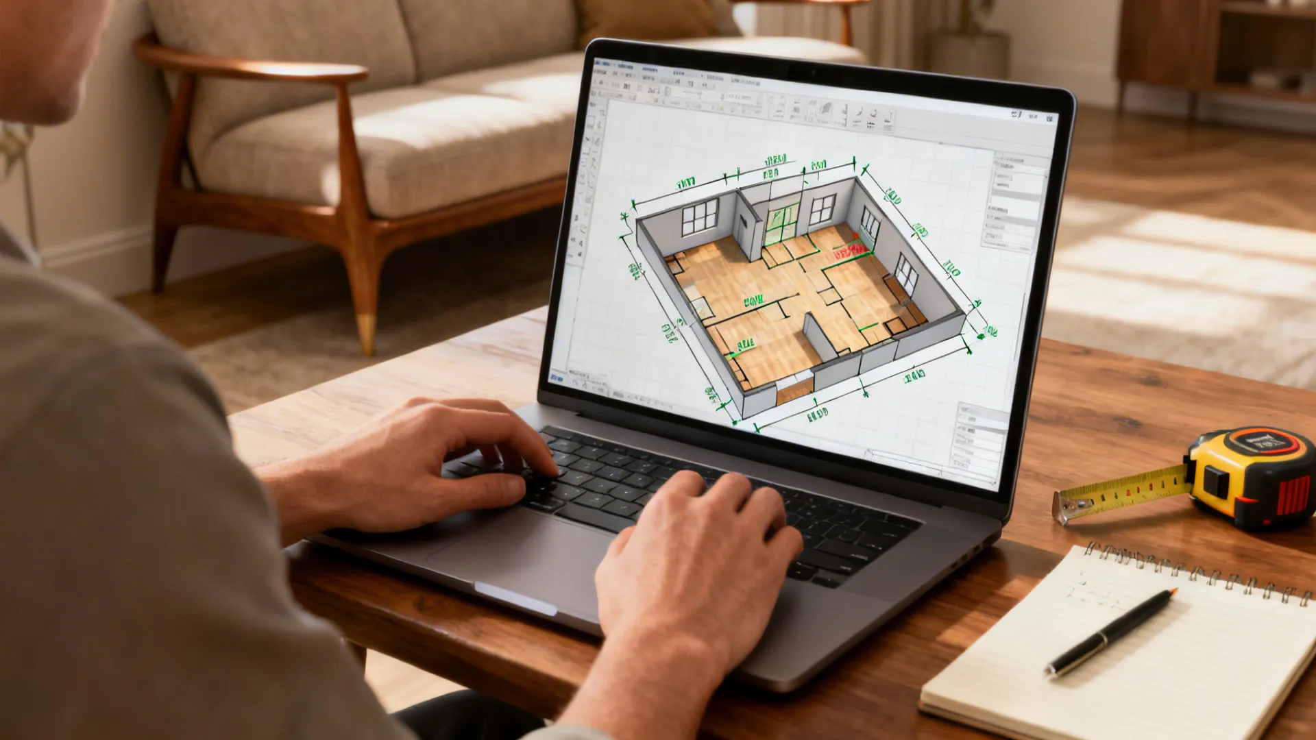 Designer working with a laptop showing a 3D floor planner alongside a tape measure and notepad.