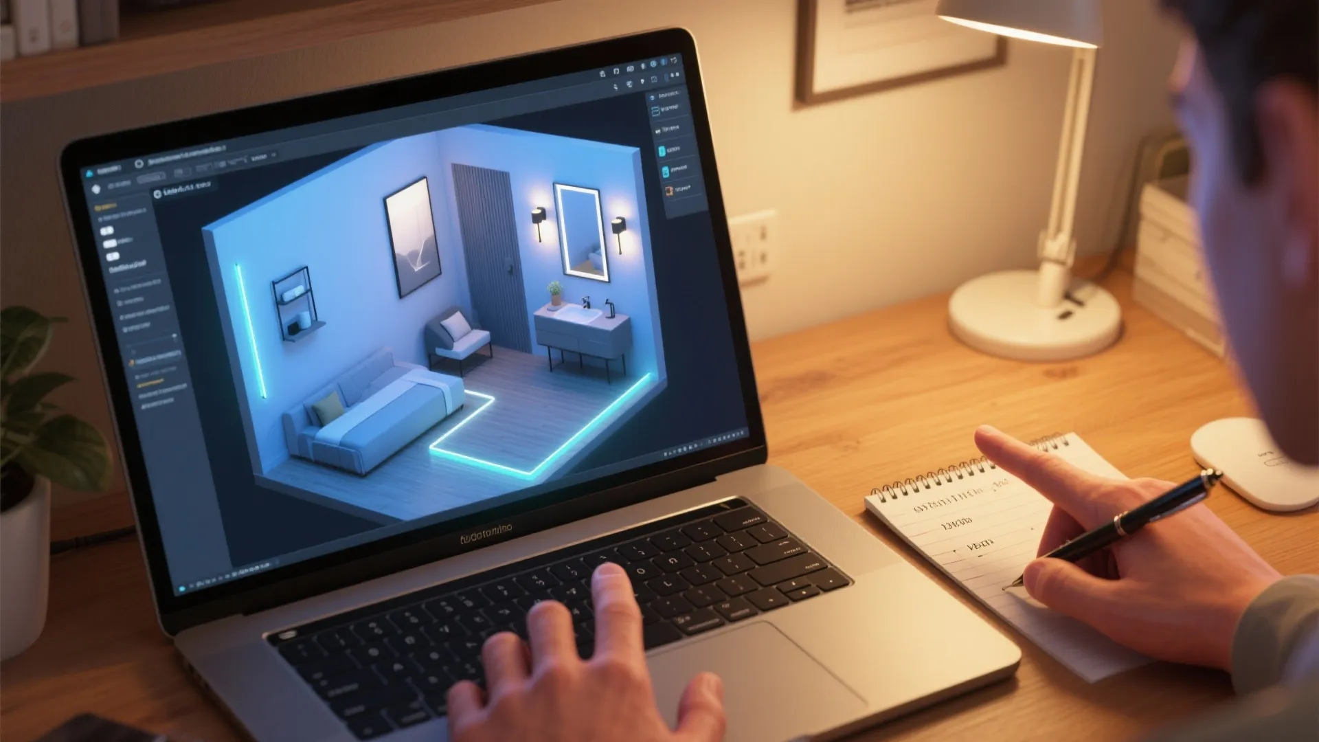 Top-down view of a 3D floor planner on a laptop used to place LED wall lights in a small layout.