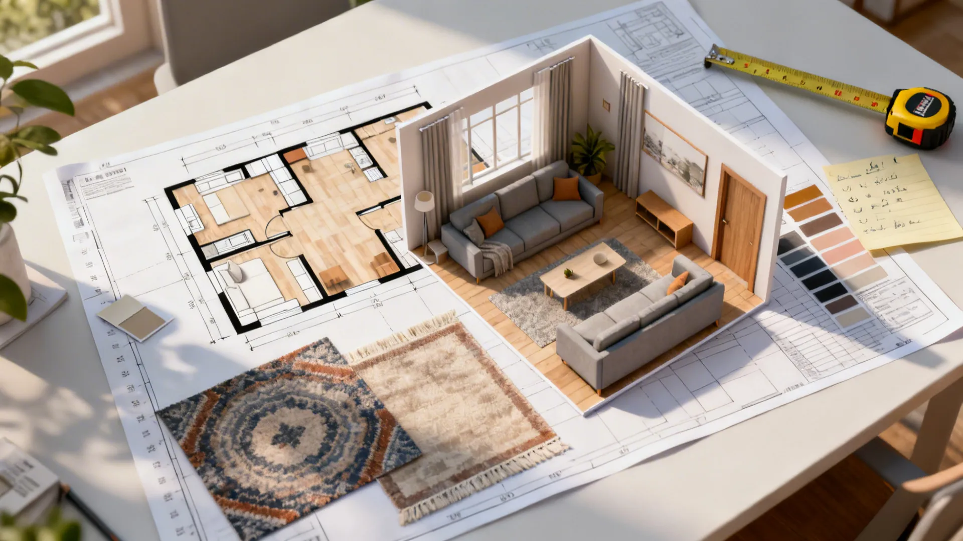 Top-down mockup of a living room floor planner with furniture templates and swatches.