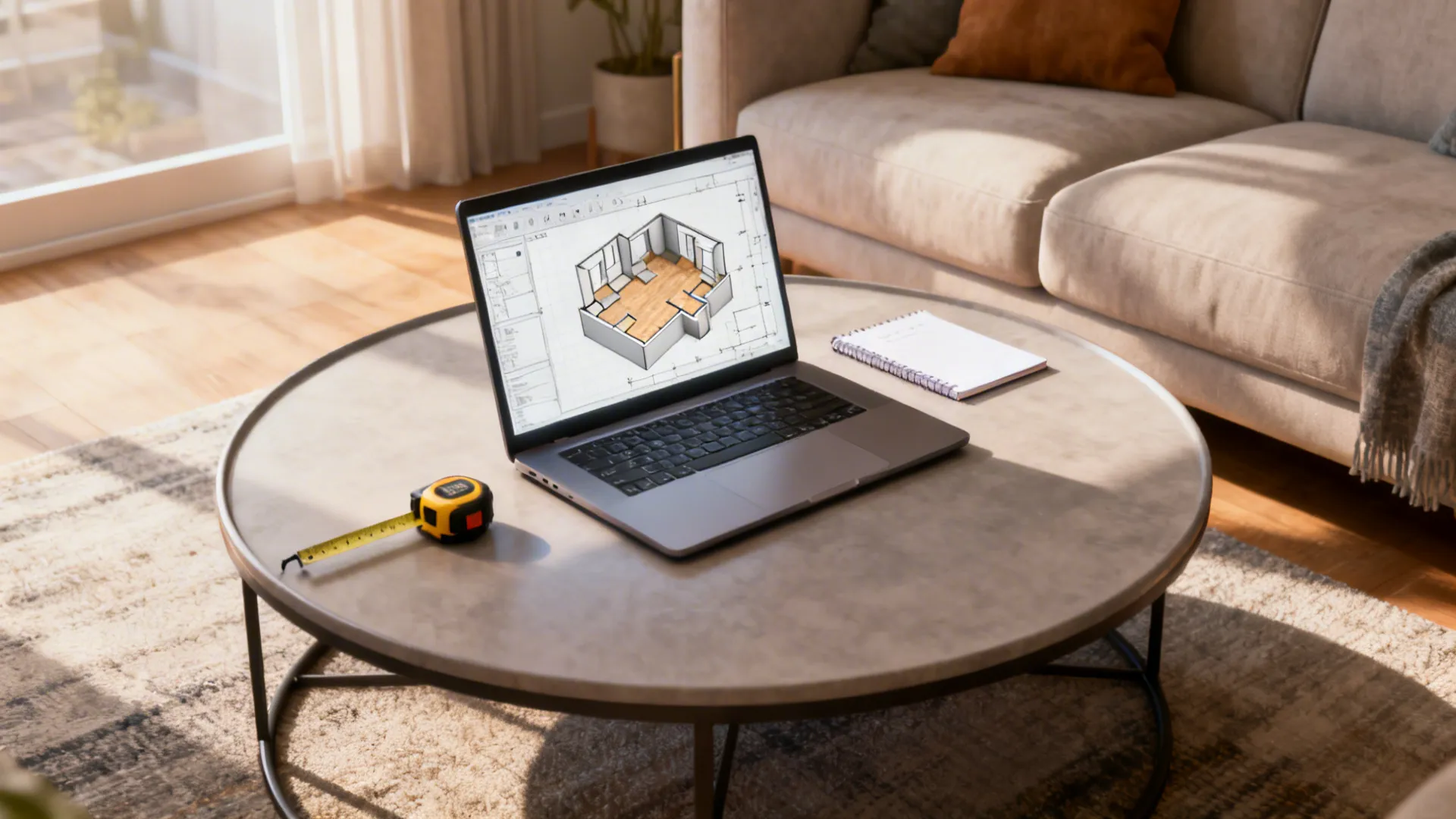 Laptop showing 3D room layout design on coffee table with a tape measure and notebook