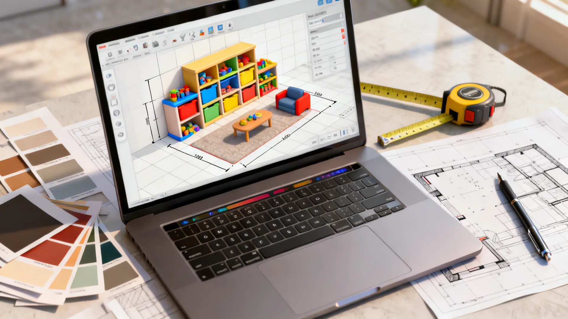 Top-down view of a laptop running a 3D floor planner with swatches and measuring tape for planning toy storage.