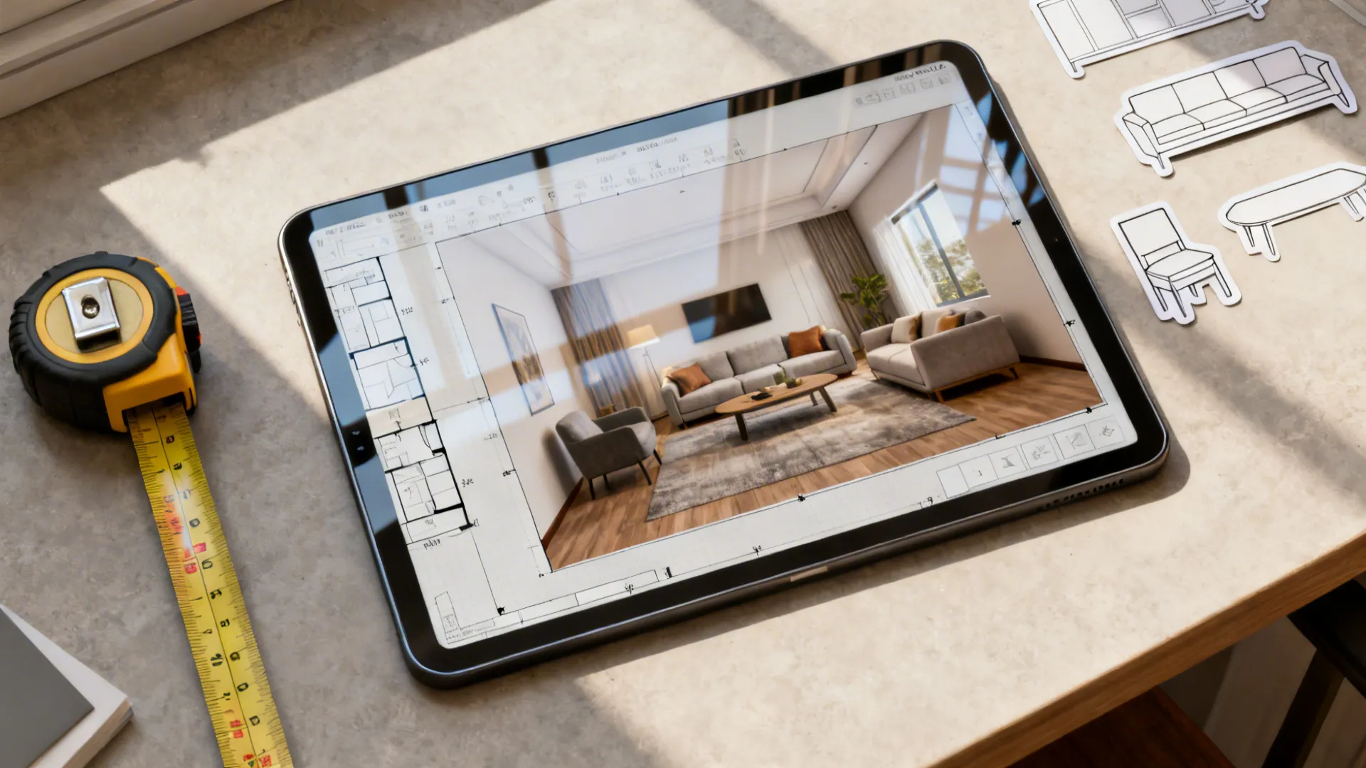 Top-down view of a tablet with a 3D floor planner, measuring tape and furniture cutouts.