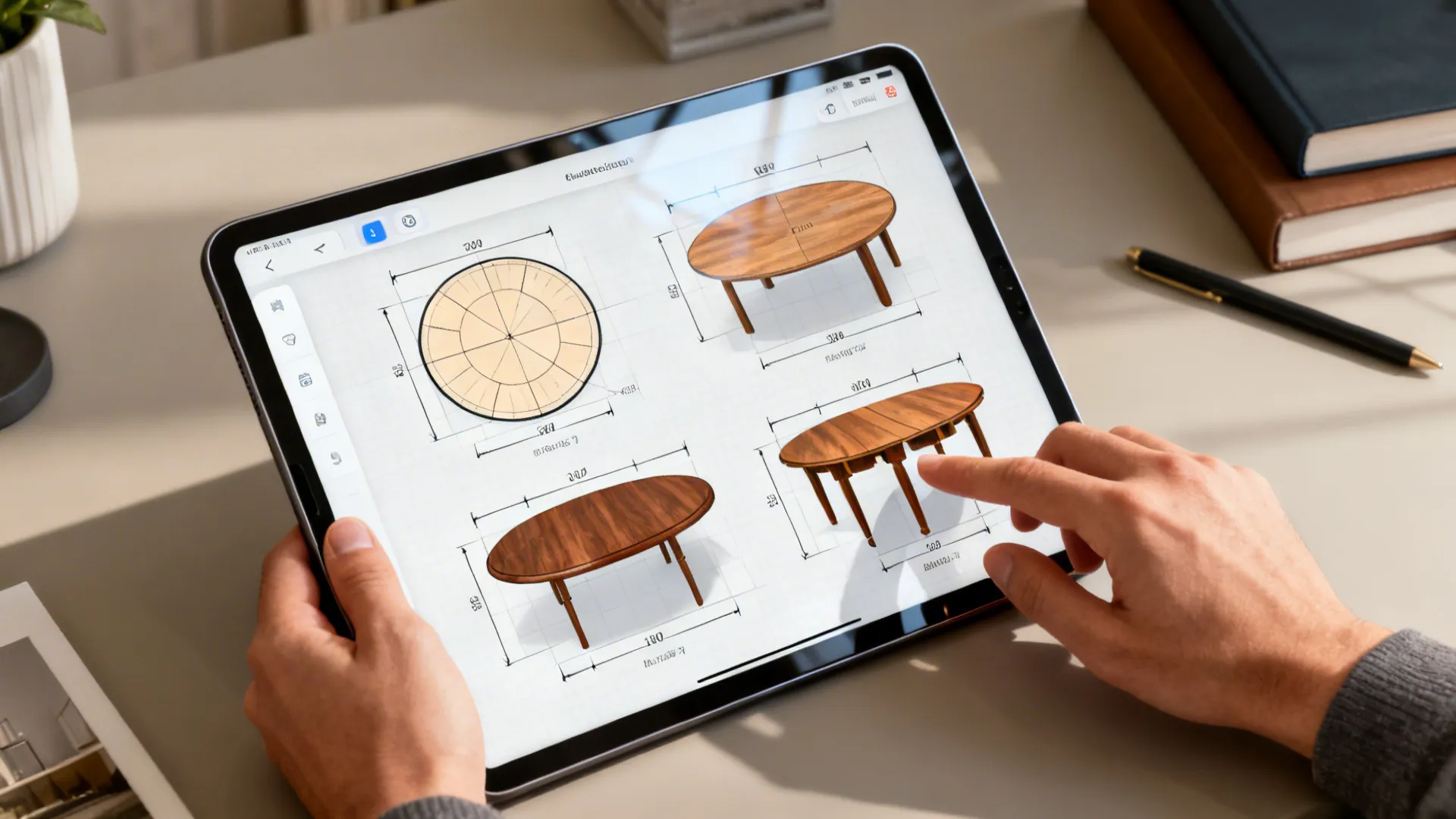 Tablet with a digital floor planner showing multiple table layout options and measurements