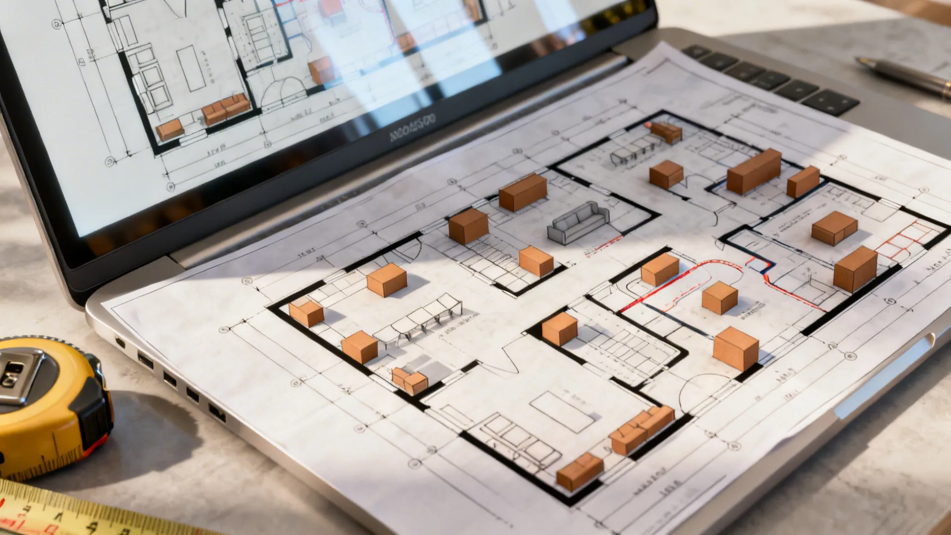 Laptop showing a 3D floor planner with printed layout and measuring tape for accurate room planning