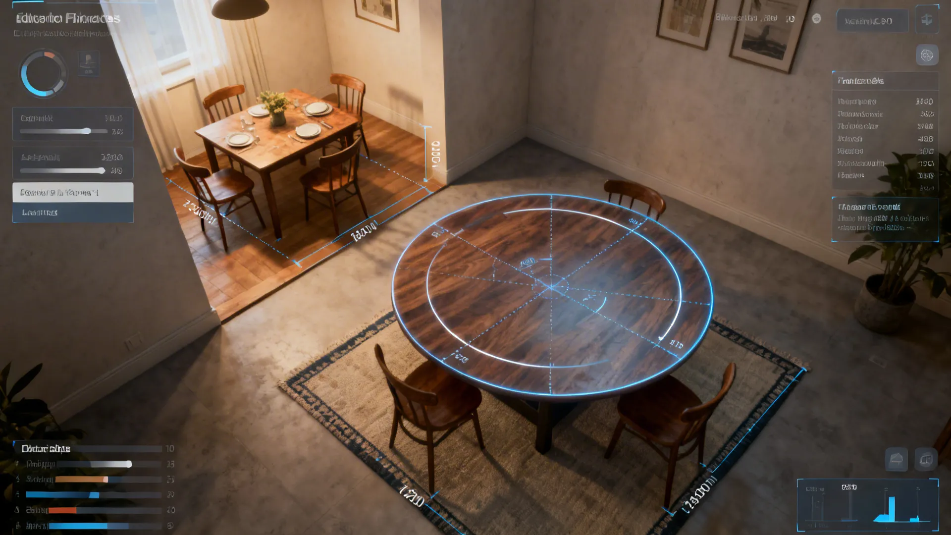 Top-down view of a room planner overlay with round table position, circulation arcs and rug size notes.