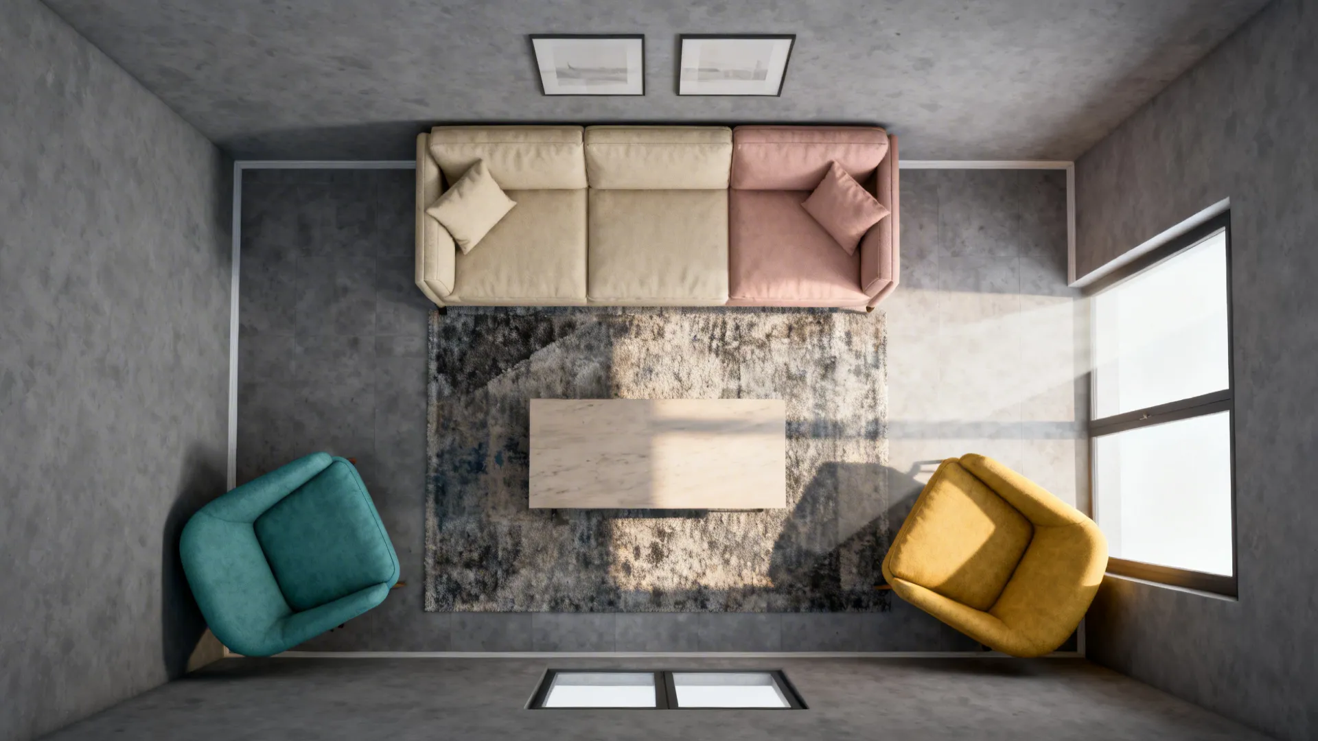 Top-down 3D floor-planner view showing furniture layout and accent color placements for a gray room.