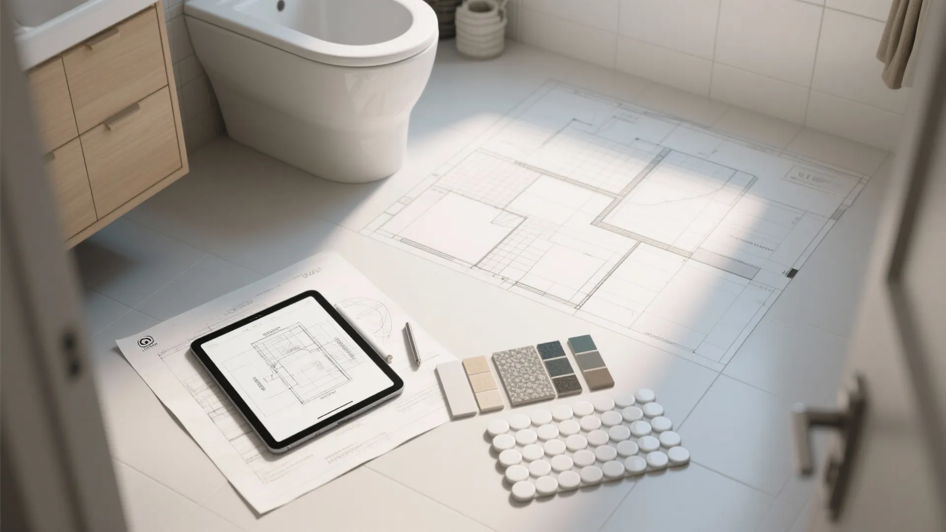 Bathroom floor with toilet cabinet floor plan on tablet paper and various tile material samples