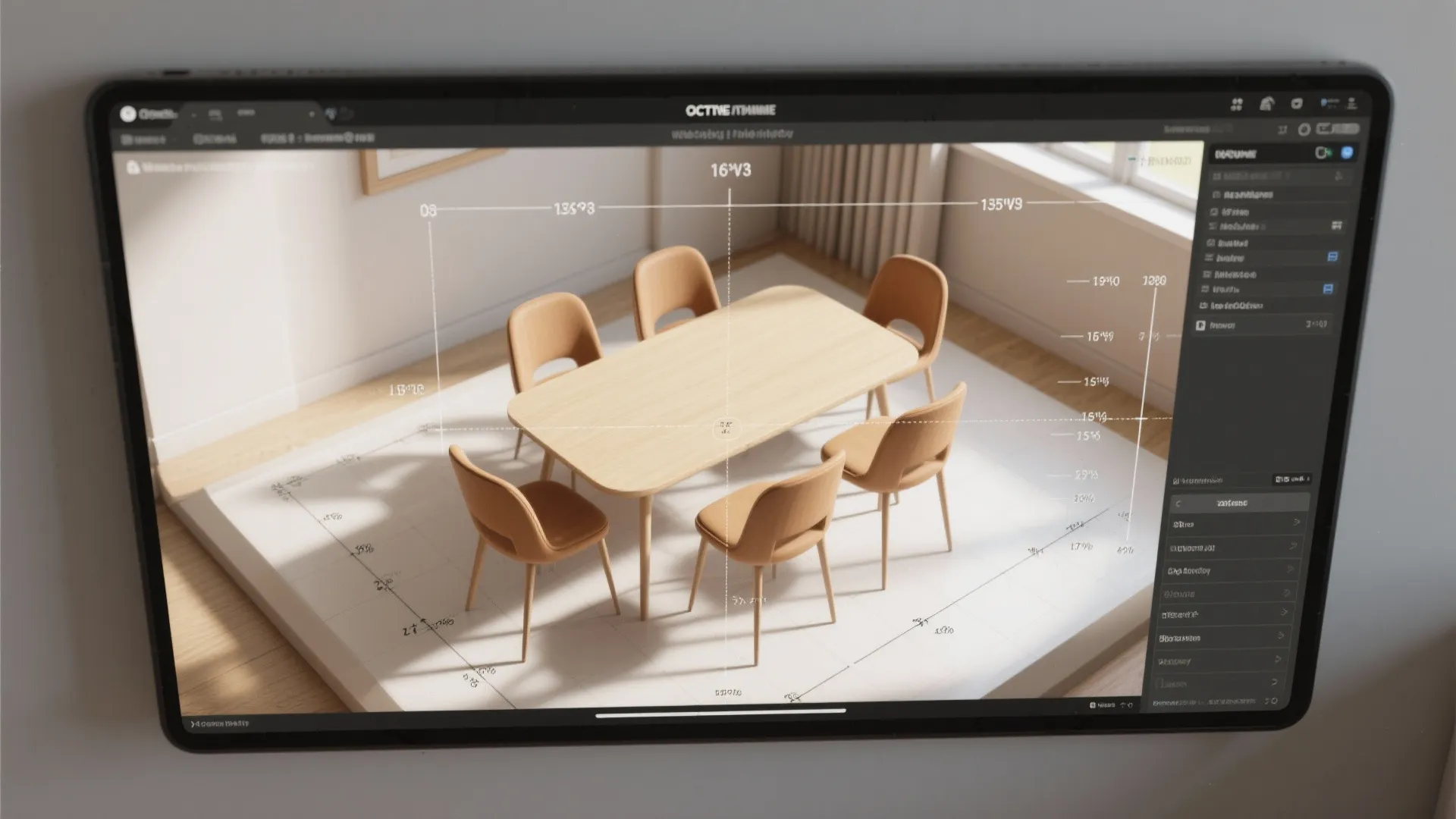 Top-down view of a 3D floor planner showing light brown chairs and table layout