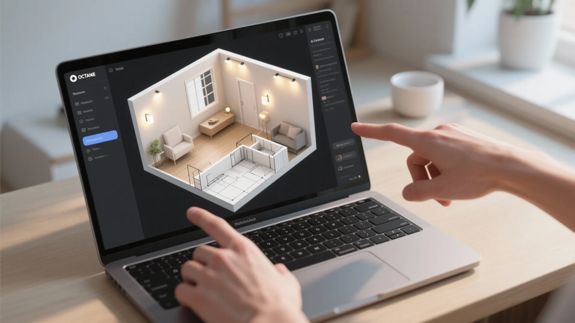 User hands on laptop keyboard editing a 3D interior design drawing of a small room