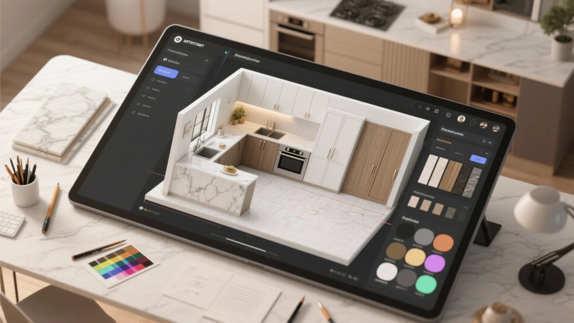 Coohom interior design software on a tablet screen showing a 3D kitchen layout and tools