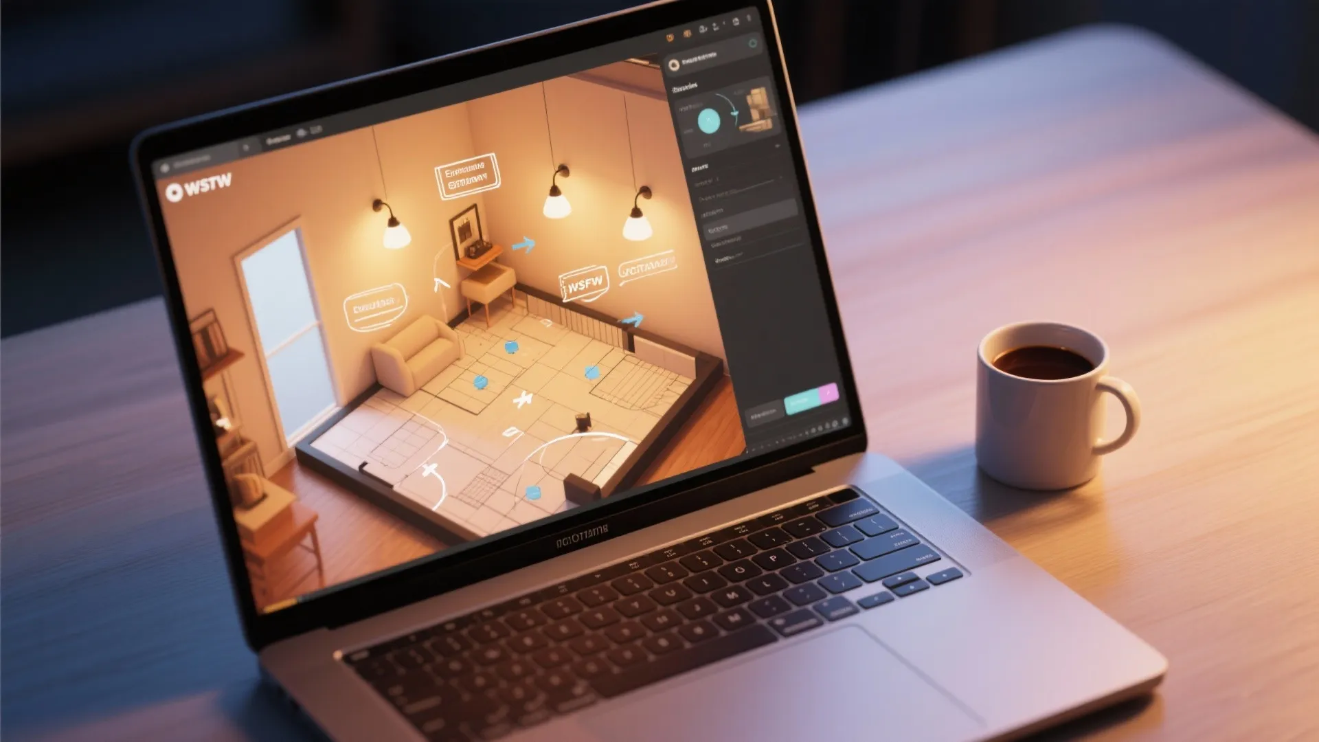 Top-down view of a laptop running a 3D floor planner showing fixture placement for a small room