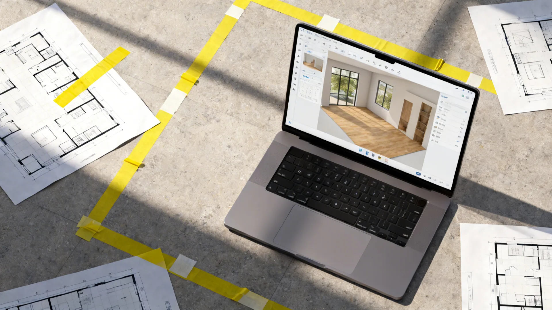 Top-down view of a laptop with a 3D floor planner and floor painter's tape mock-ups.