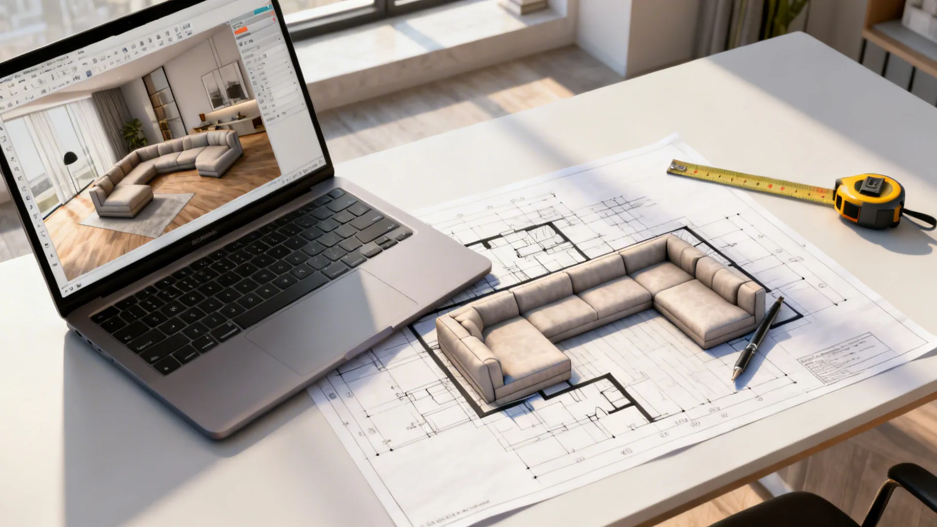 Top-down view of a laptop with a 3D floor planner, printed floor plan, and measuring tape