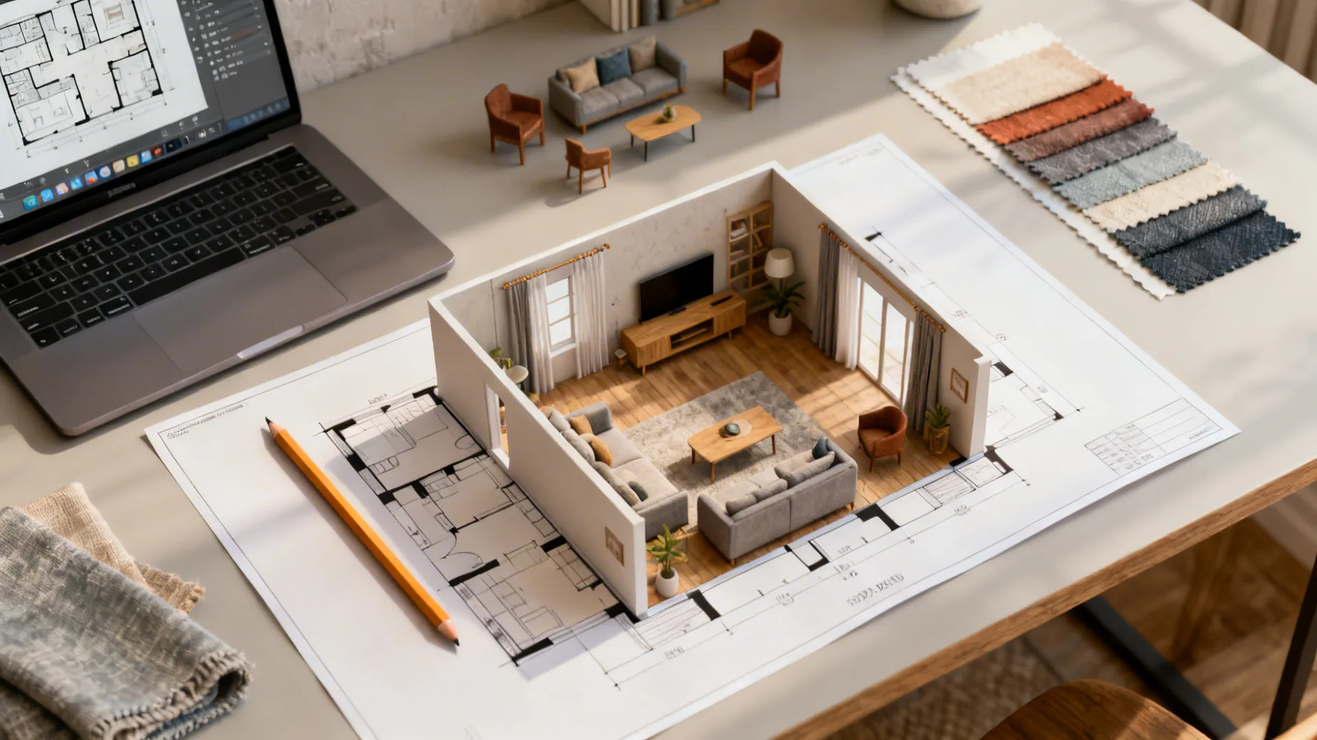 Top-down desk scene with 3D floor planner, swatches, and small furniture models