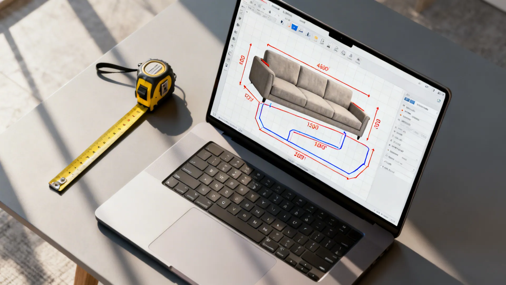 Top-down view of a laptop showing a floor planner with sofa dimensions and circulation paths.