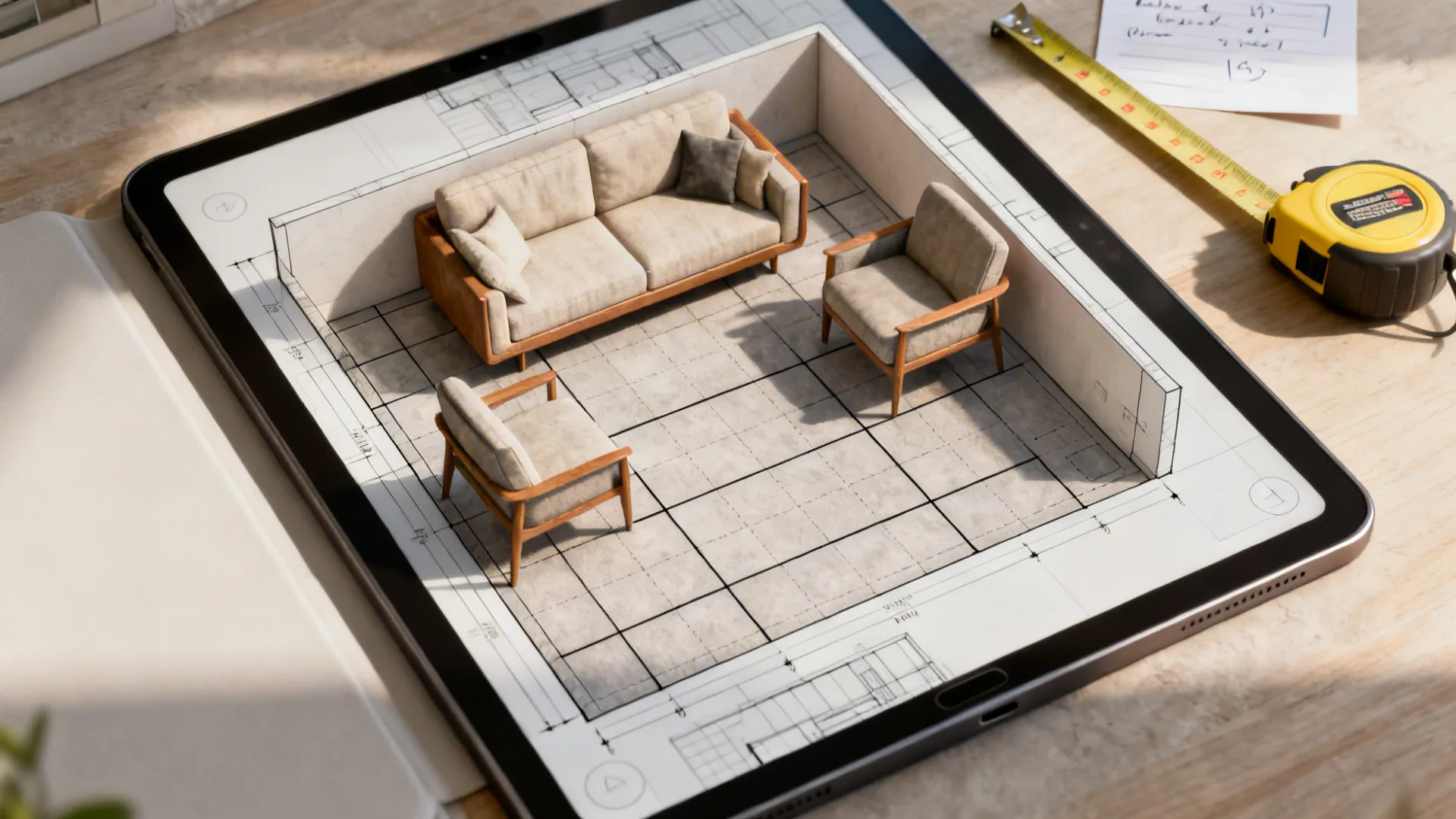 Top-down view of a tablet showing a 3D floor planner with scaled furniture in a small living room