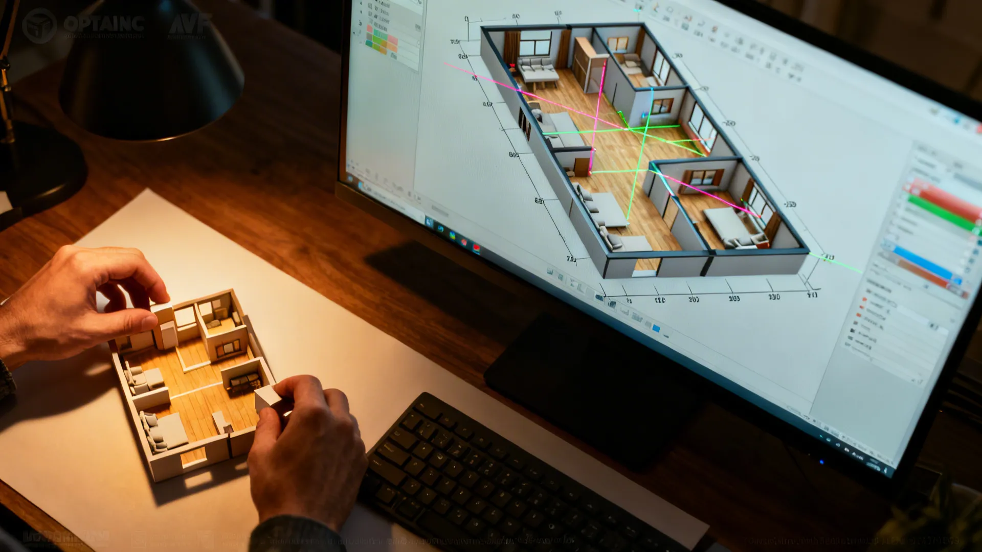 Top-down view of a 3D floor planner and physical model used to test small-space layouts